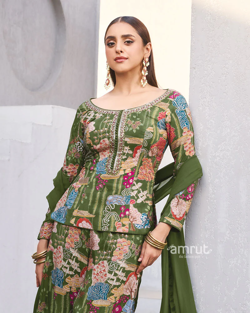 Olive Green Multicolor Printed Kurta Set with Dupatta - Image 2
