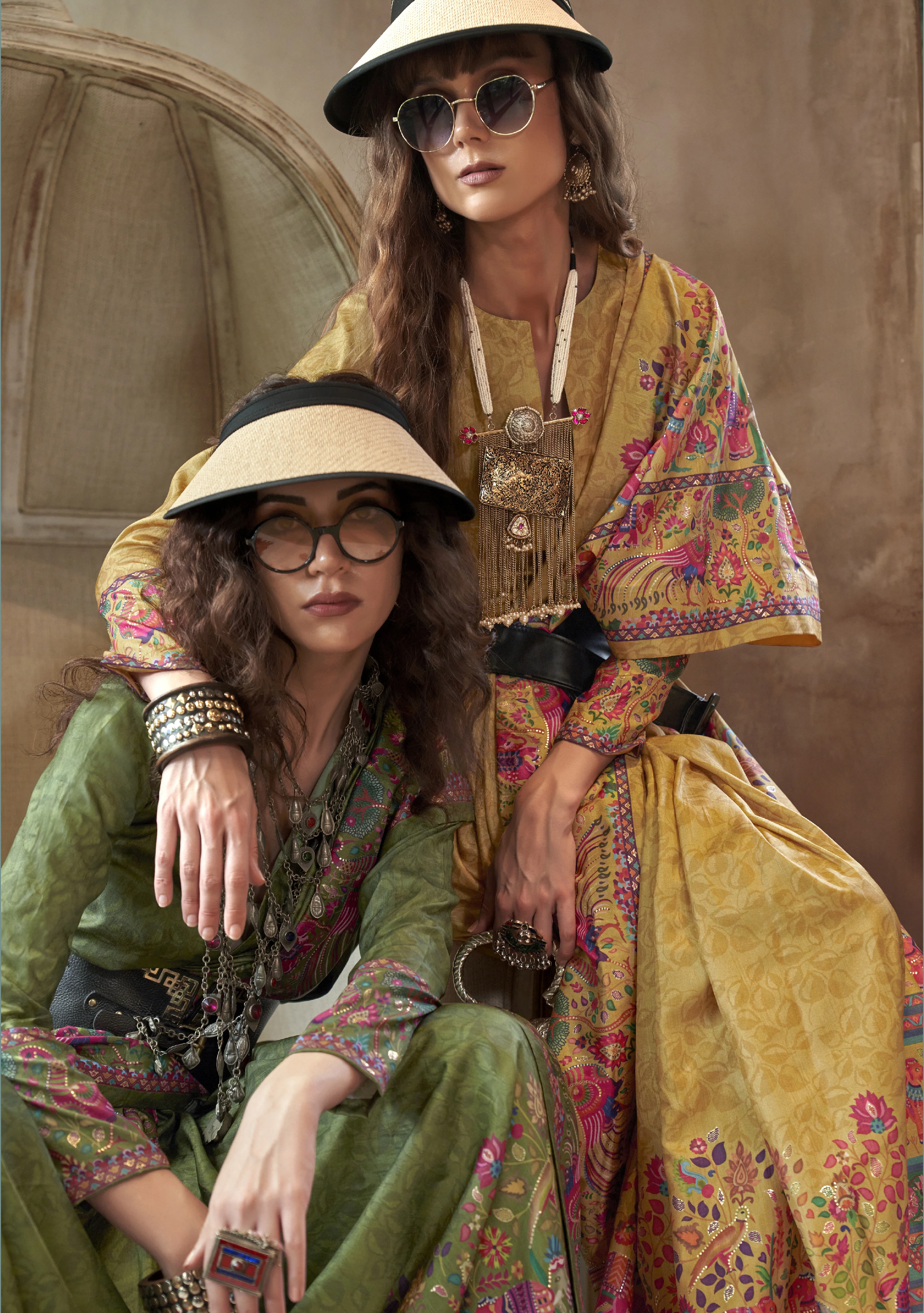 Olive Green Pashmina Prints Inspired Designer Saree with Folk Motifs - Image 3