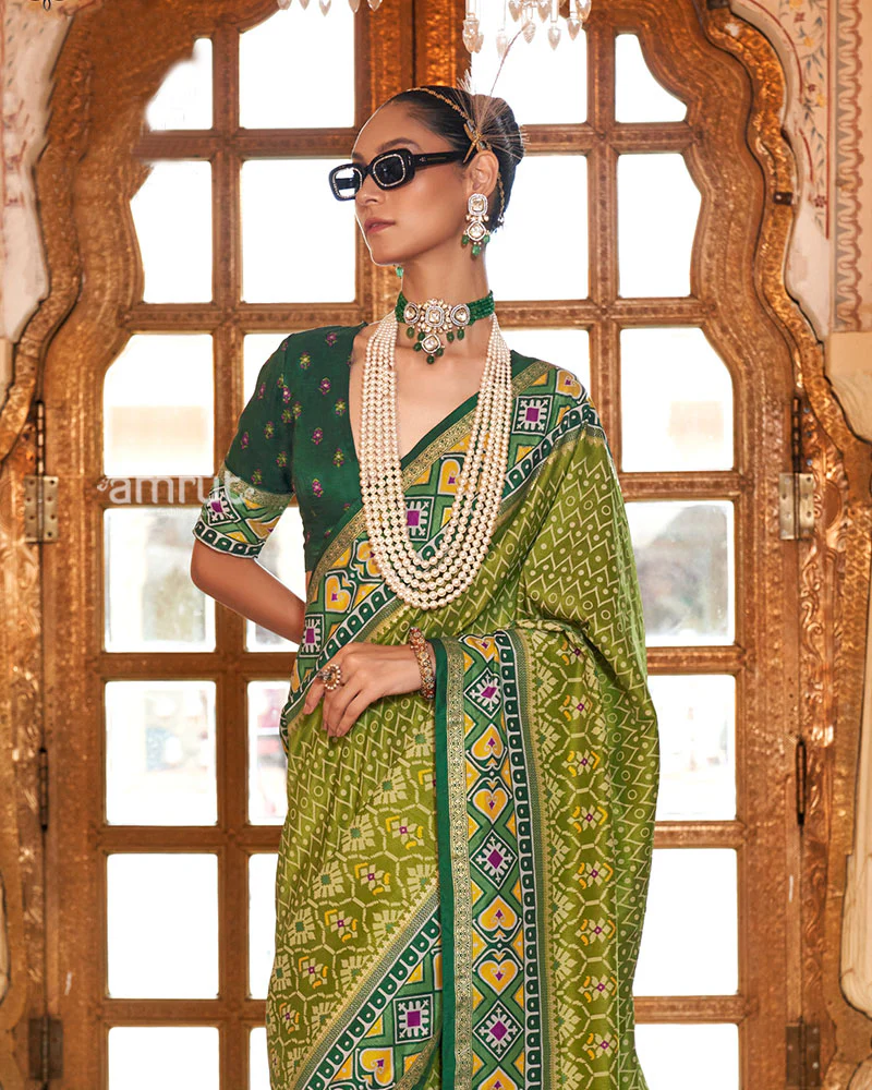 Olive Green Patola Printed Silk Saree with Unstitched Blouse - Image 2