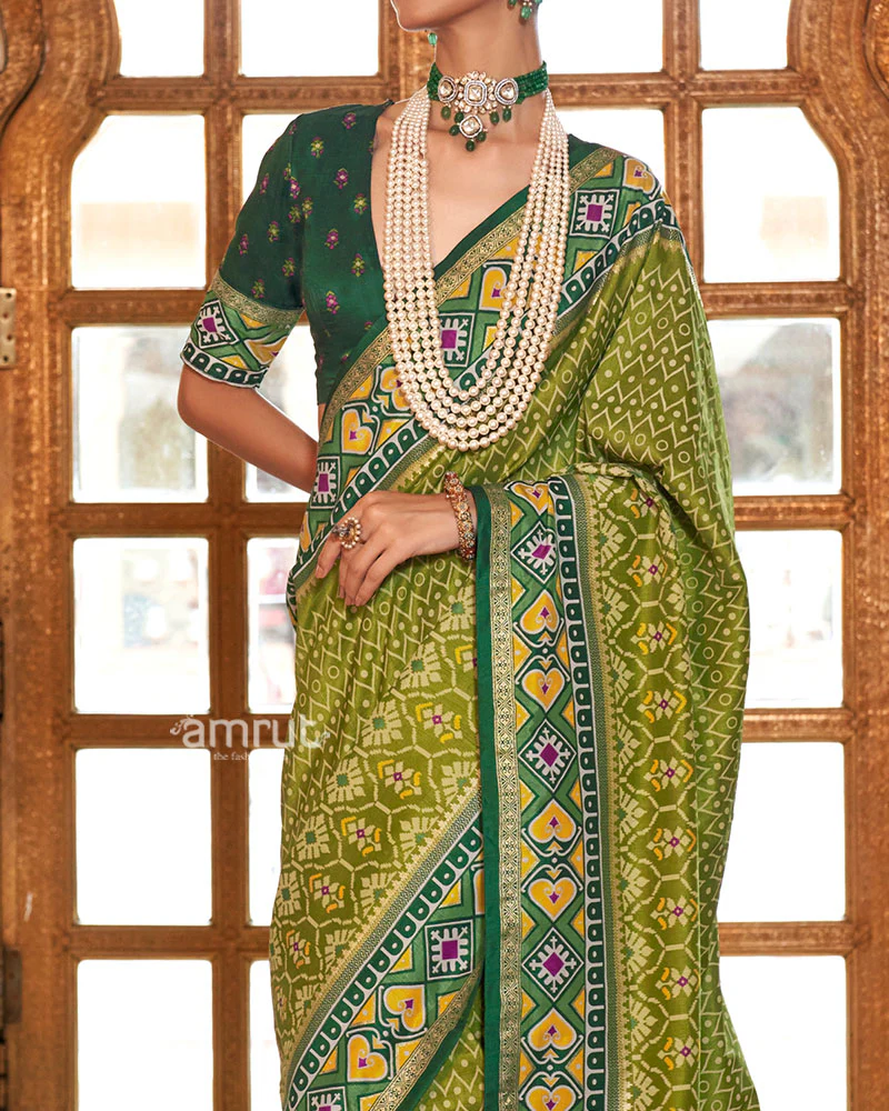 Olive Green Patola Printed Silk Saree with Unstitched Blouse - Image 3