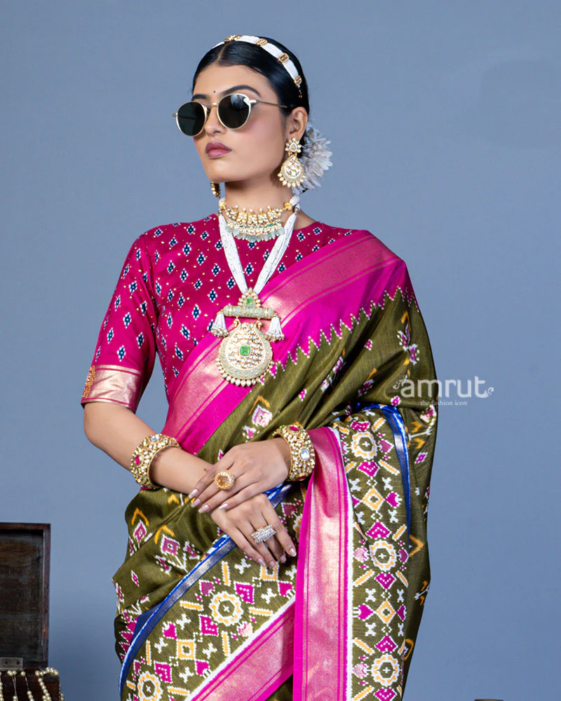 Olive Green Patola Printed Viscose Silk Saree with Pink Border and Unstitched Blouse - Image 2