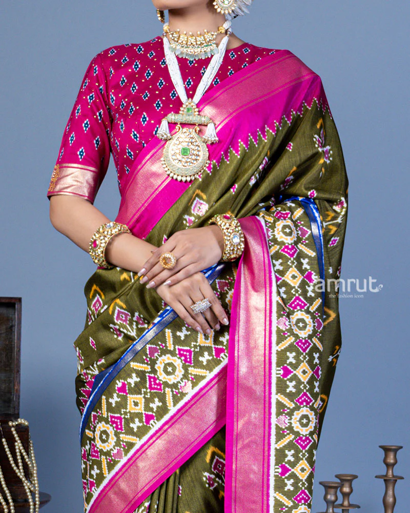 Olive Green Patola Printed Viscose Silk Saree with Pink Border and Unstitched Blouse - Image 3