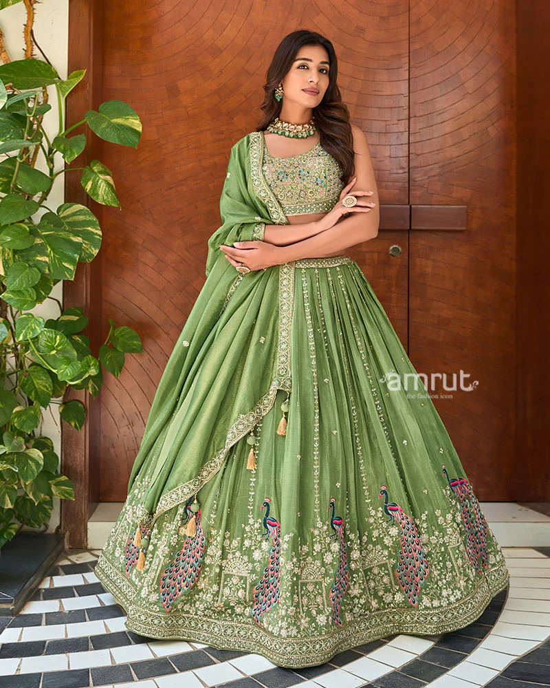 Olive Green Peacock Embroidered Lehenga Choli with Dupatta - Image 4