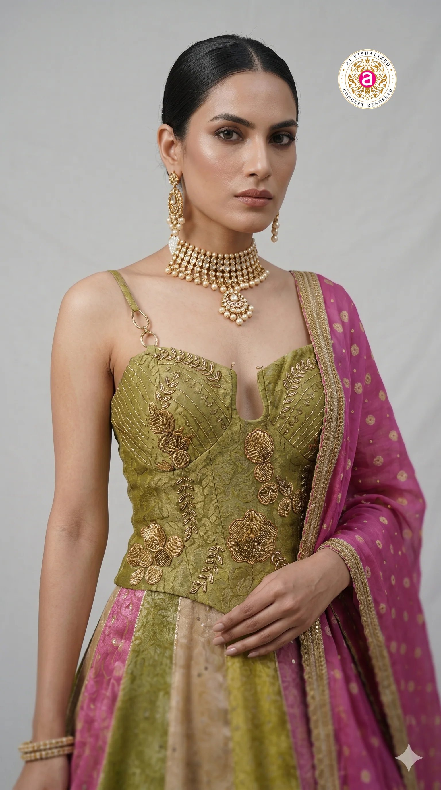 Olive Green & Pink Panelled Designer Lehenga Choli with Embroidered Blouse - Image 2