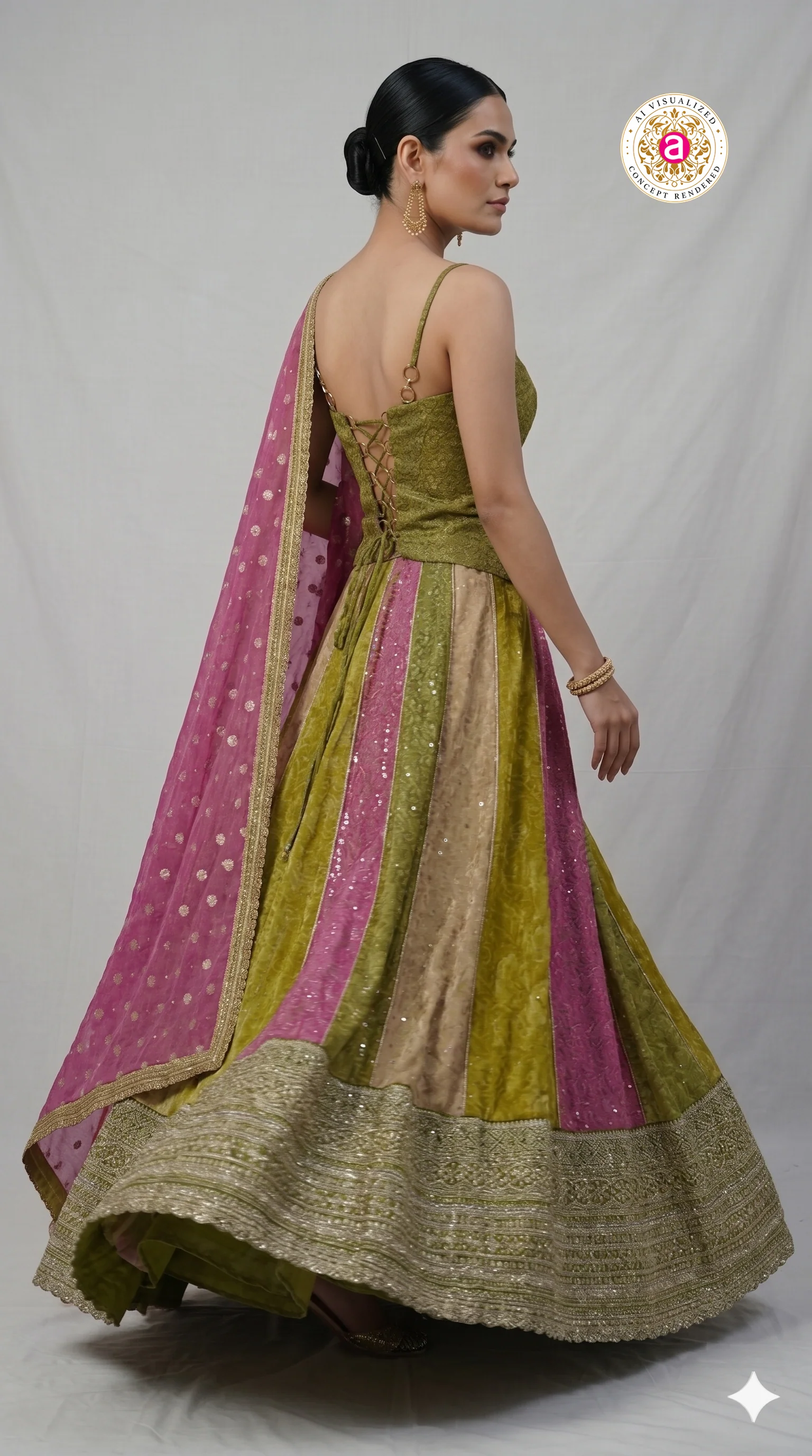 Olive Green & Pink Panelled Designer Lehenga Choli with Embroidered Blouse - Image 3