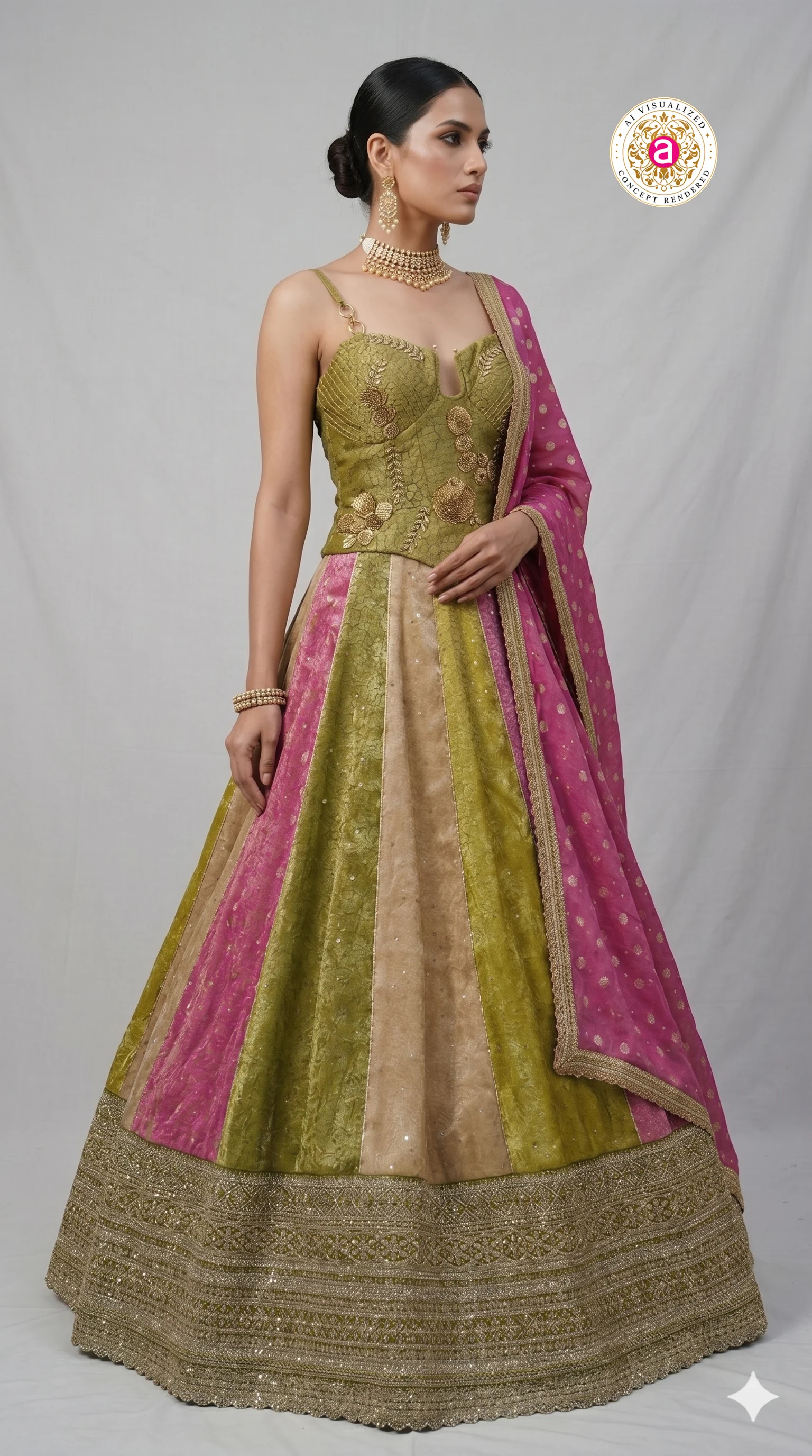 Olive Green & Pink Panelled Designer Lehenga Choli with Embroidered Blouse - Image 4