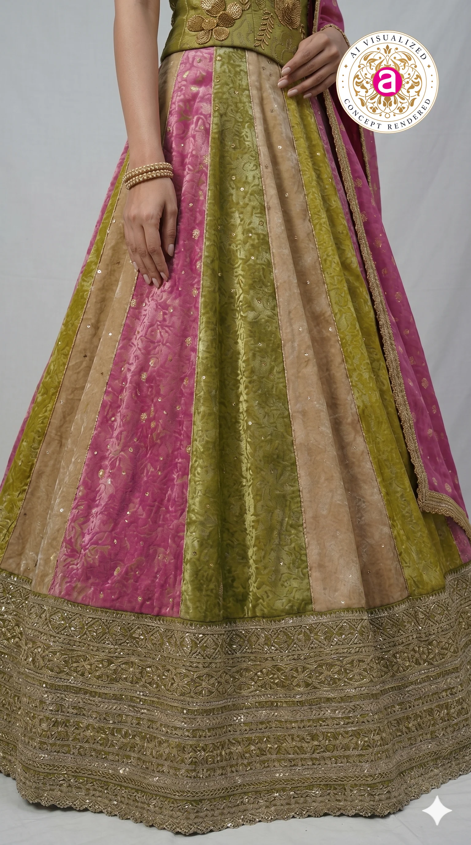 Olive Green & Pink Panelled Designer Lehenga Choli with Embroidered Blouse - Image 5