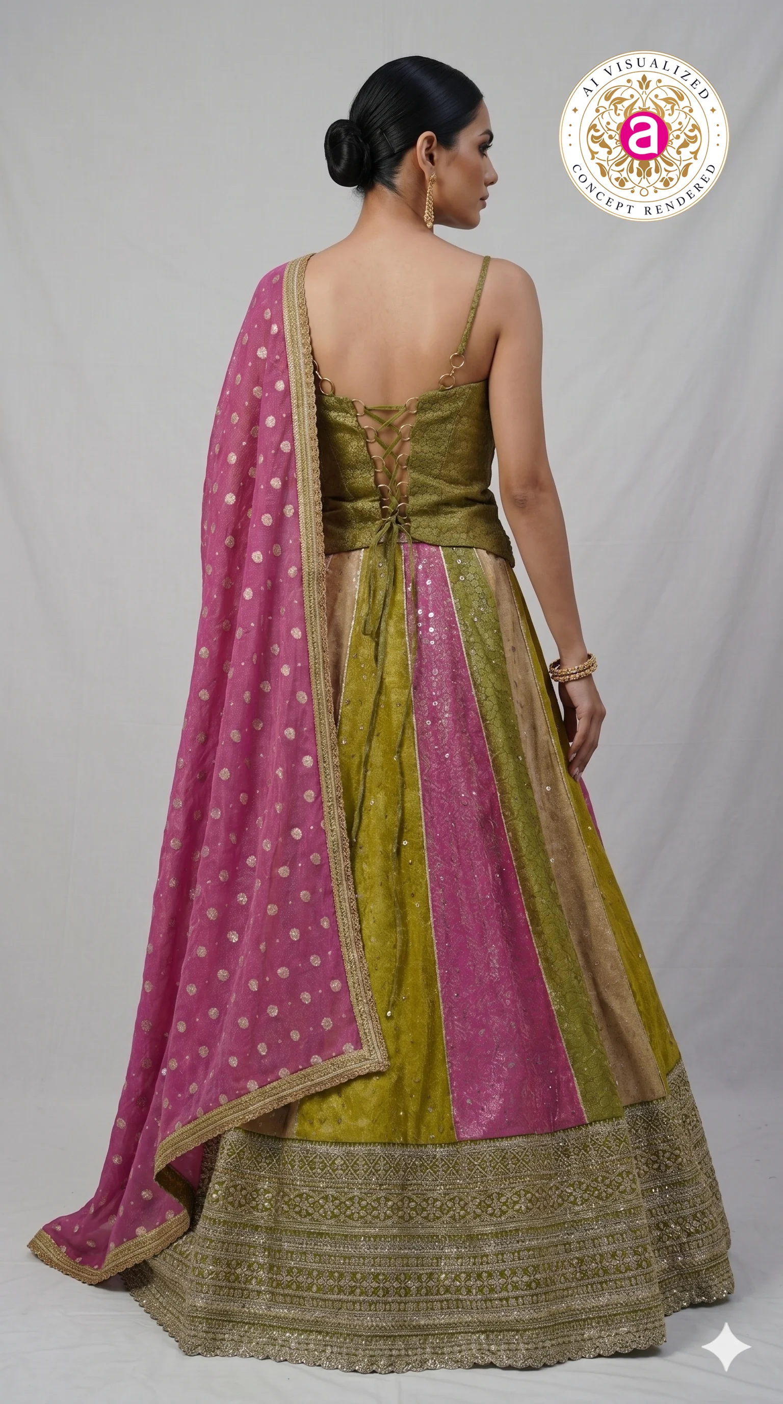 Olive Green & Pink Panelled Designer Lehenga Choli with Embroidered Blouse - Image 6