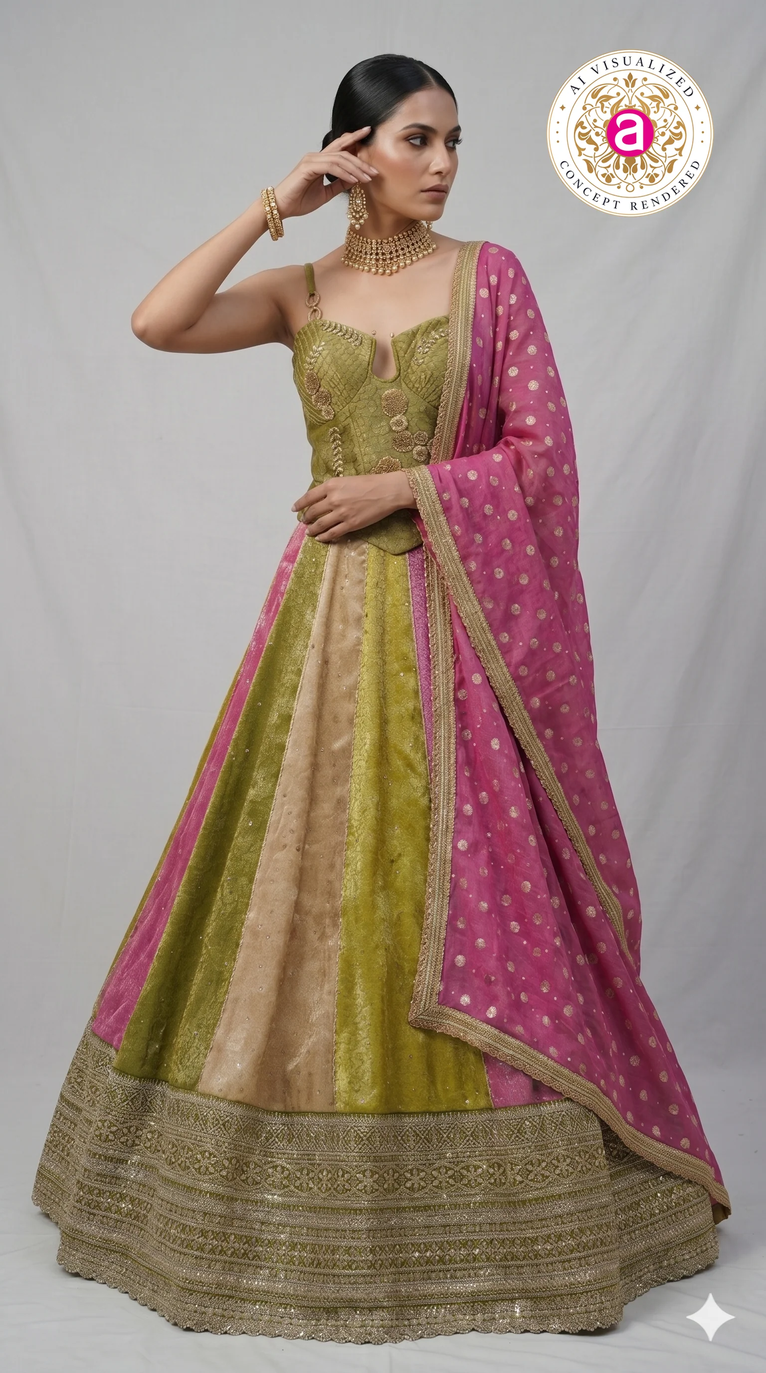 Olive Green & Pink Panelled Designer Lehenga Choli with Embroidered Blouse - Image 7