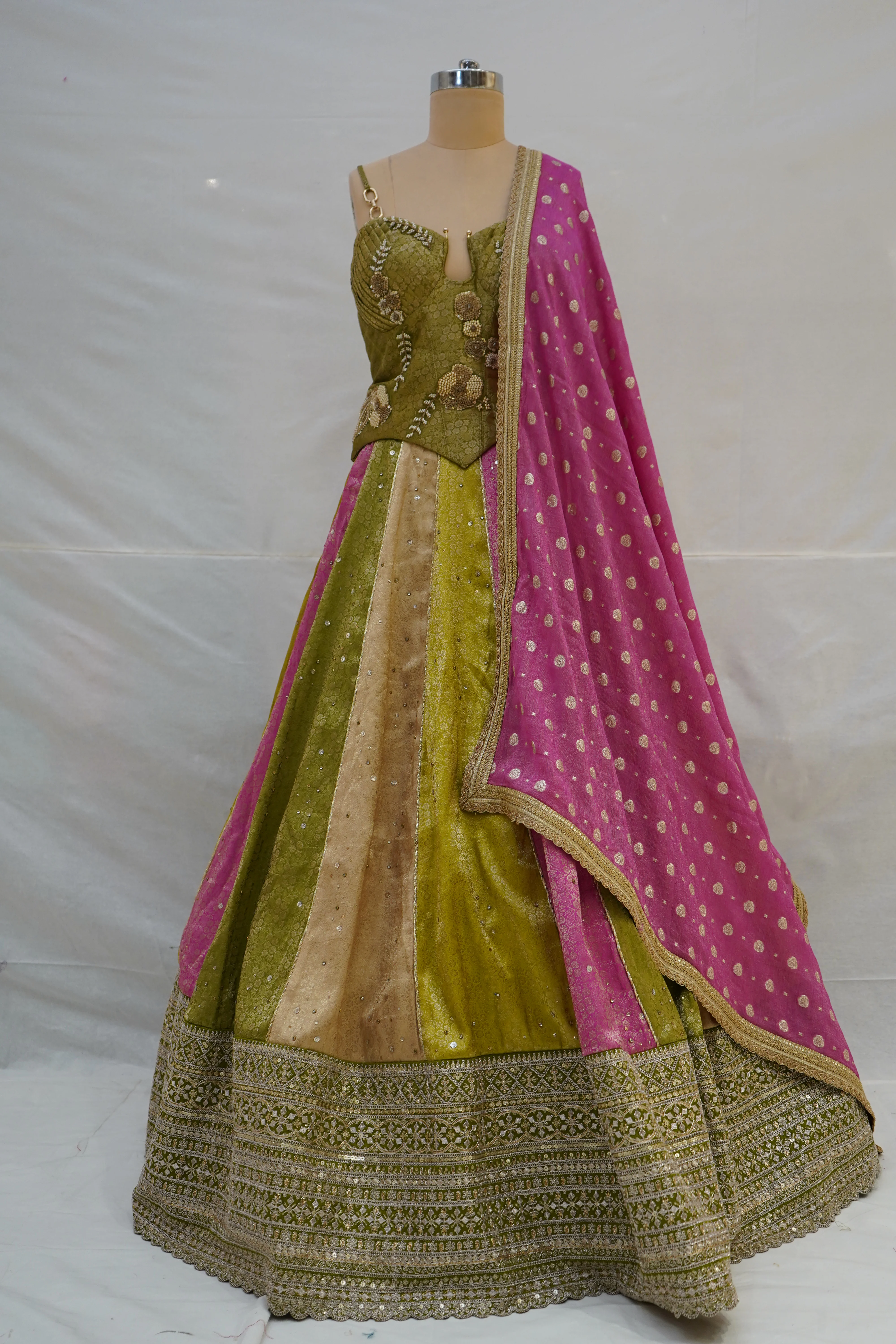 Olive Green & Pink Panelled Designer Lehenga Choli with Embroidered Blouse - Image 8