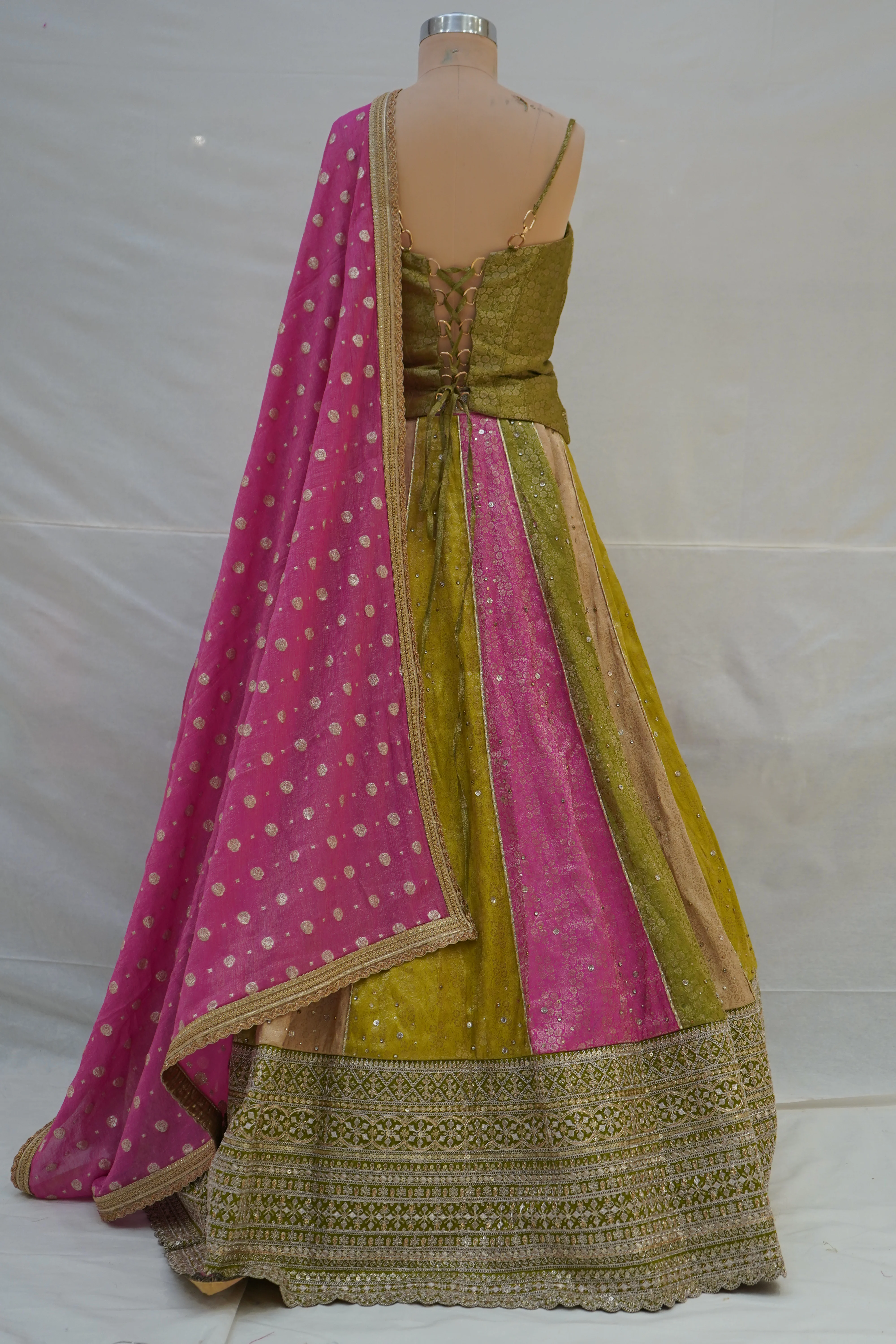 Olive Green & Pink Panelled Designer Lehenga Choli with Embroidered Blouse - Image 9