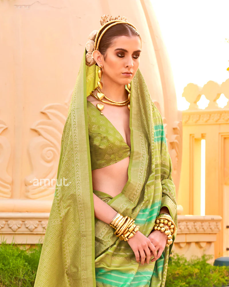 Olive Green Printed Silk Saree with Unstitched Blouse - Image 2