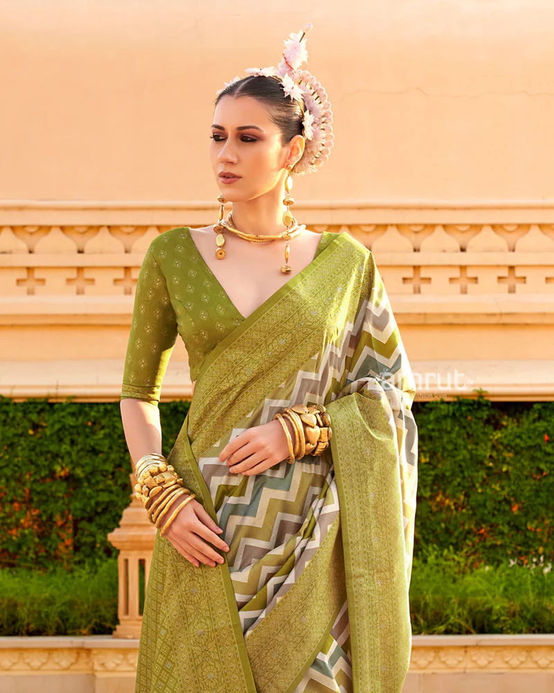 Olive Green Printed Silk Saree with Unstitched Blouse - Image 2