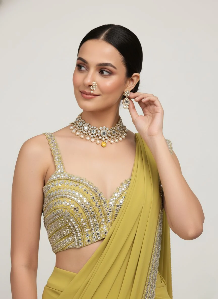 Olive Green Sequin Border Designer Ready to Wear Saree with Embellished Blouse - Image 2