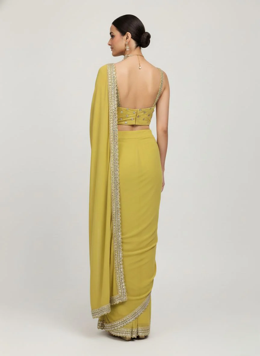 Olive Green Sequin Border Designer Ready to Wear Saree with Embellished Blouse - Image 3