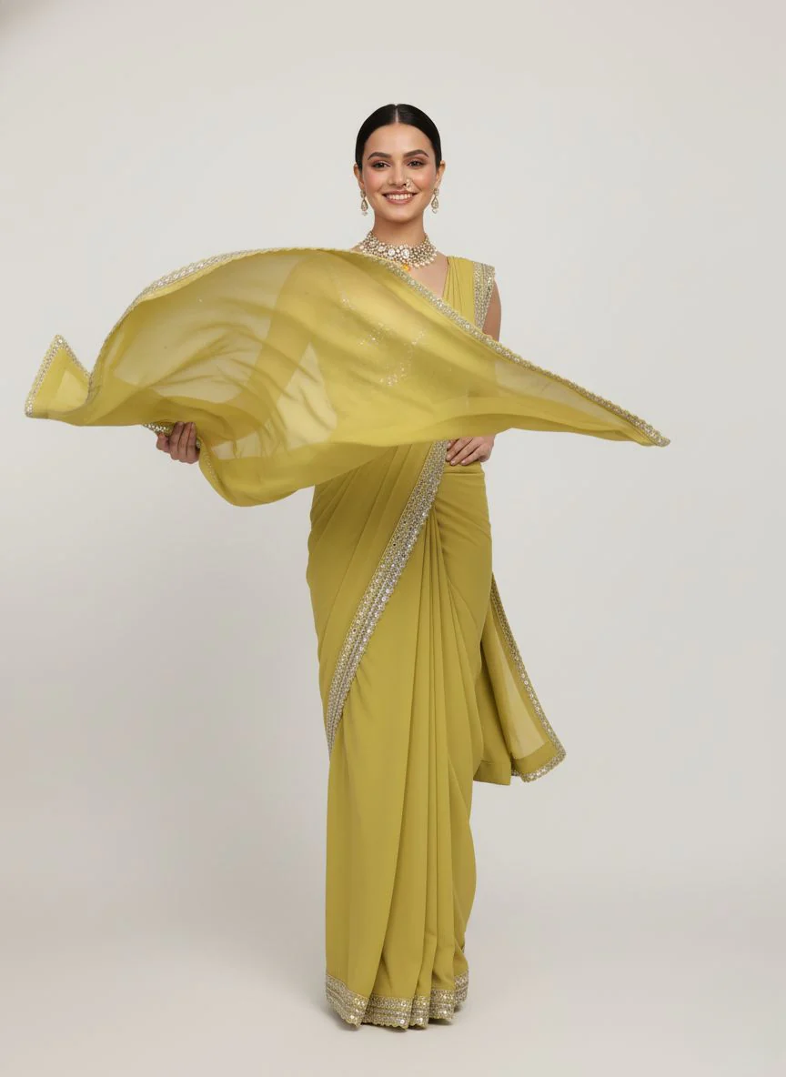Olive Green Sequin Border Designer Ready to Wear Saree with Embellished Blouse - Image 5