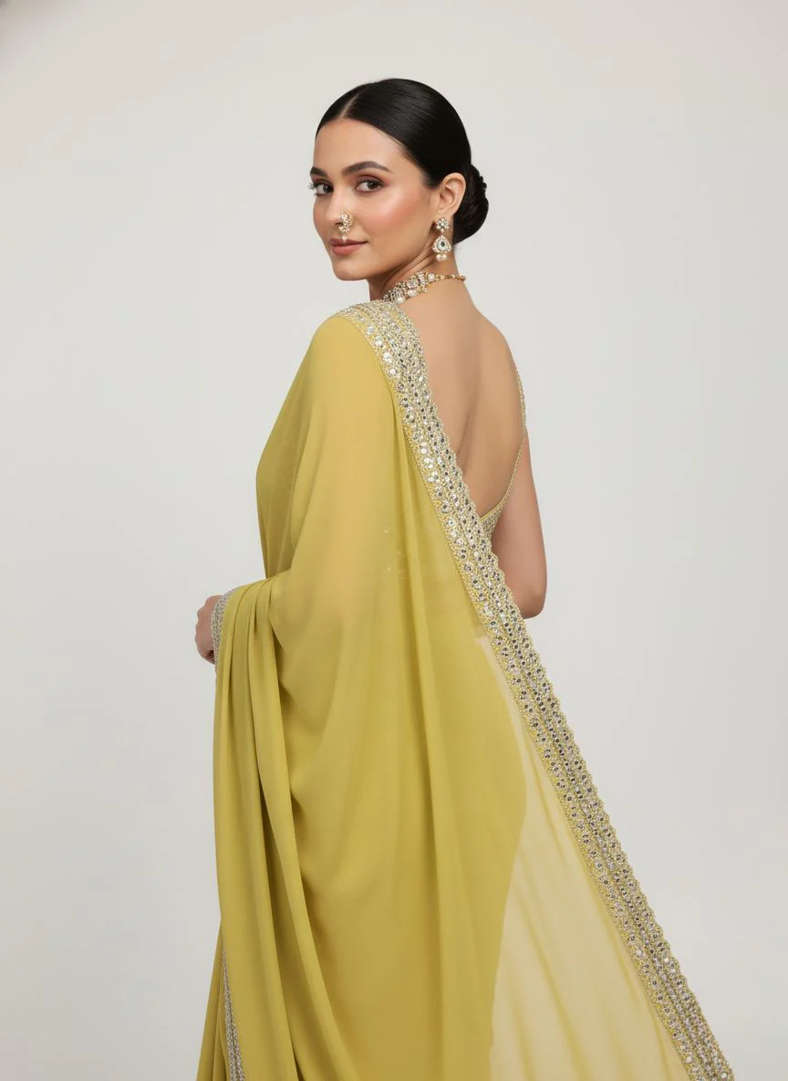 Olive Green Sequin Border Designer Ready to Wear Saree with Embellished Blouse - Image 6