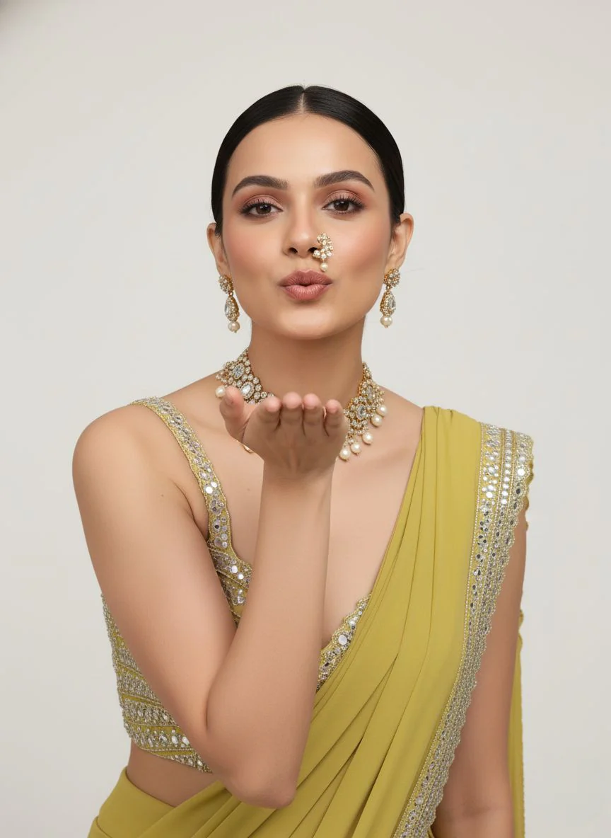 Olive Green Sequin Border Designer Ready to Wear Saree with Embellished Blouse - Image 7