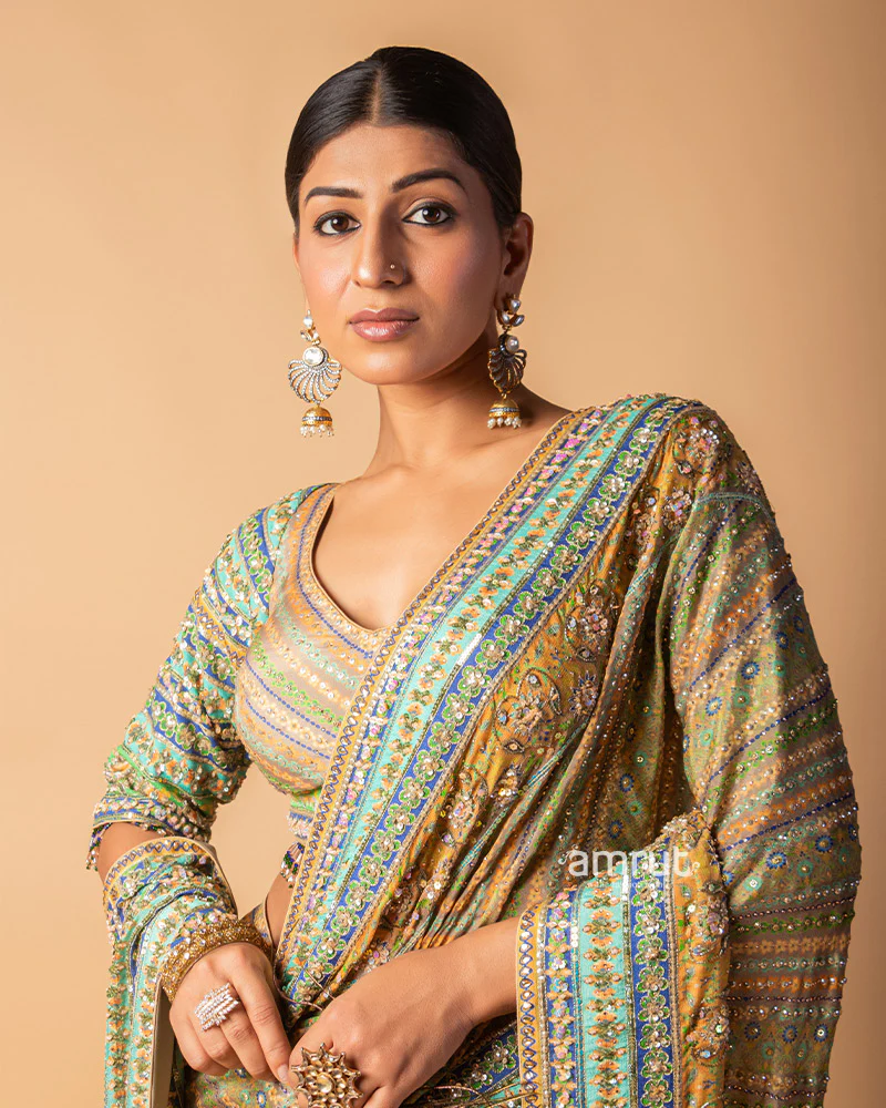 Olive Green Stripe Line Hand Embroidered Silk Saree With Stiched Blouse - Image 3