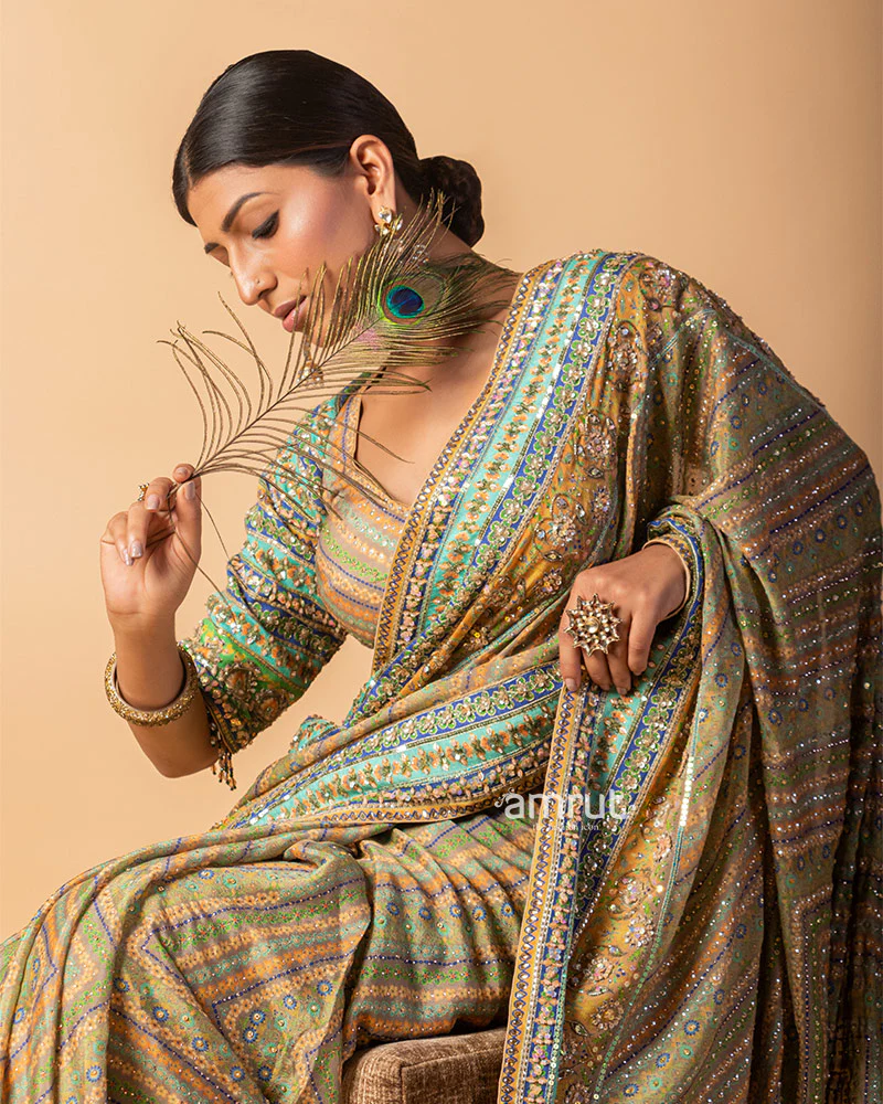 Olive Green Stripe Line Hand Embroidered Silk Saree With Stiched Blouse - Image 4