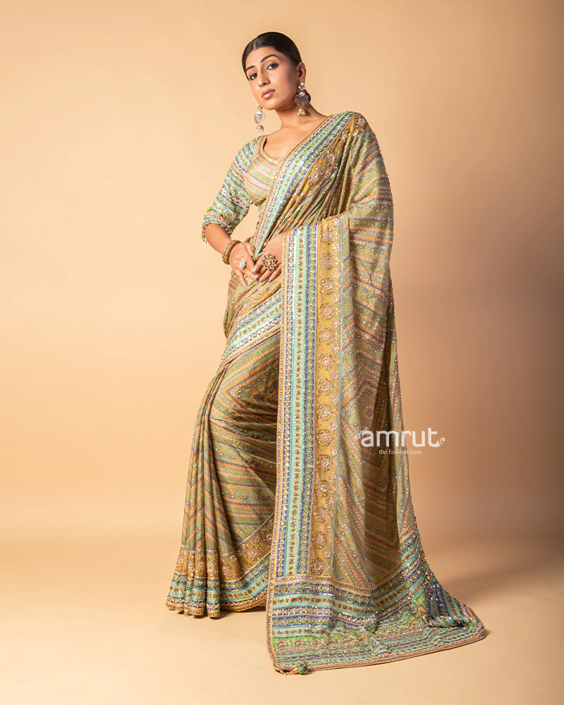 Olive Green Stripe Line Hand Embroidered Silk Saree With Stiched Blouse - Image 5
