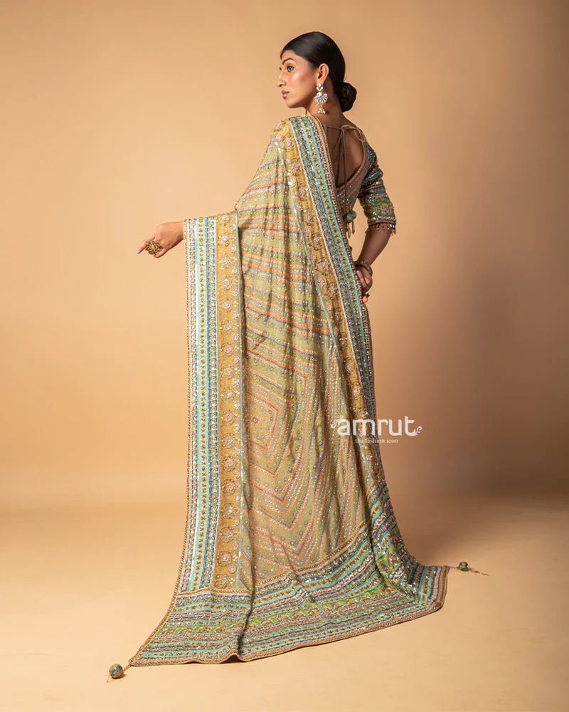 Olive Green Stripe Line Hand Embroidered Silk Saree With Stiched Blouse - Image 6
