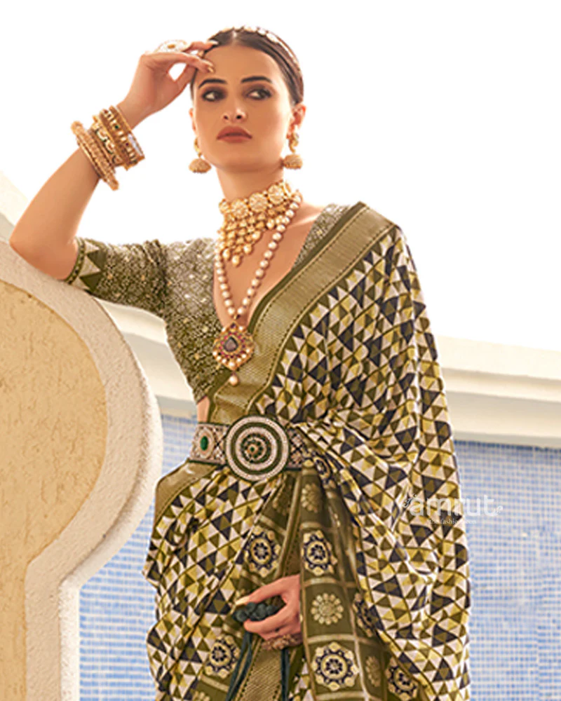 Olive Green & White Geometric Printed Embellished Zari Border Silk Saree with Unstitched Blouse - Image 2
