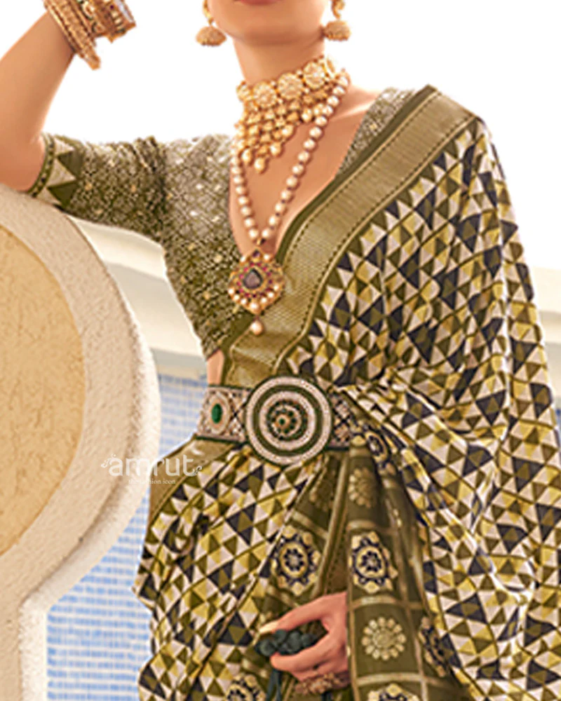 Olive Green & White Geometric Printed Embellished Zari Border Silk Saree with Unstitched Blouse - Image 3