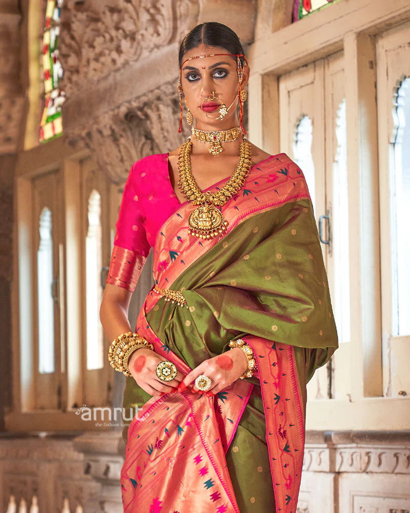 Olive Green with Pink Zari Border Paithani Silk Saree and Unstitched Blouse - Image 2
