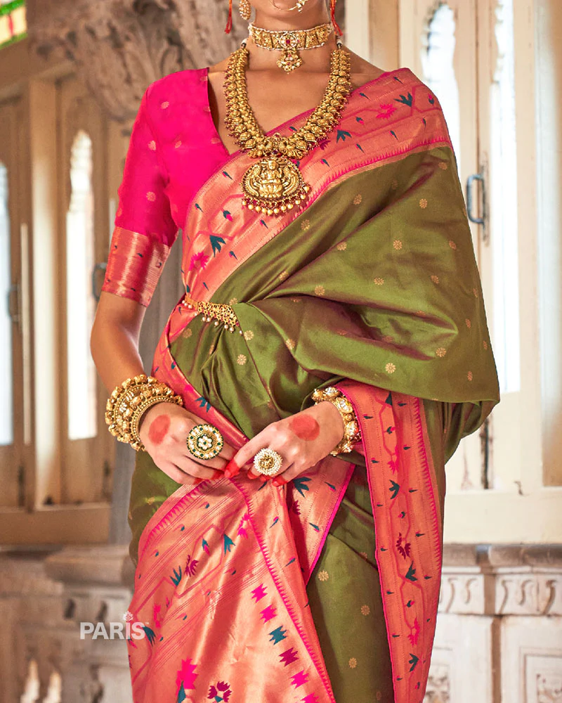 Olive Green with Pink Zari Border Paithani Silk Saree and Unstitched Blouse - Image 3