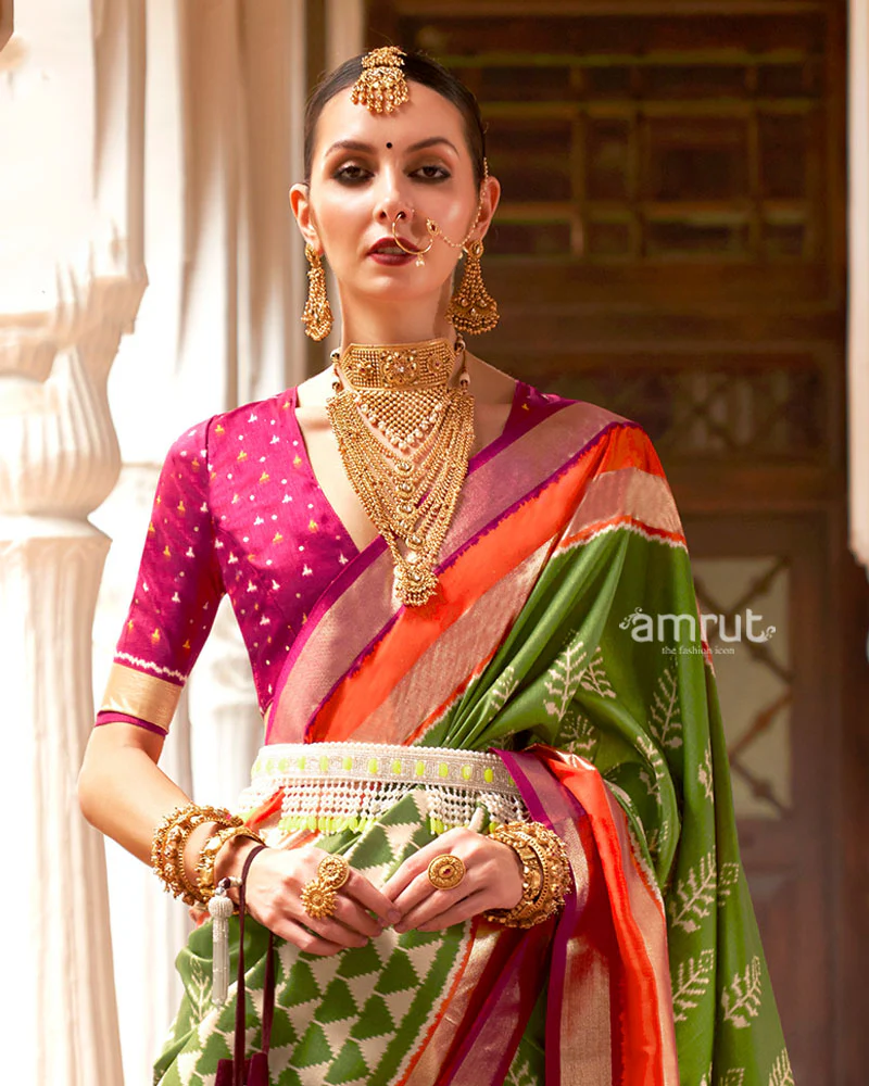 Olive Green Zari Embellished Borders Silk Saree with Unstitched Blouse - Image 2