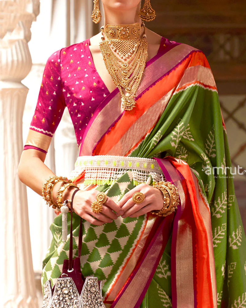 Olive Green Zari Embellished Borders Silk Saree with Unstitched Blouse - Image 3