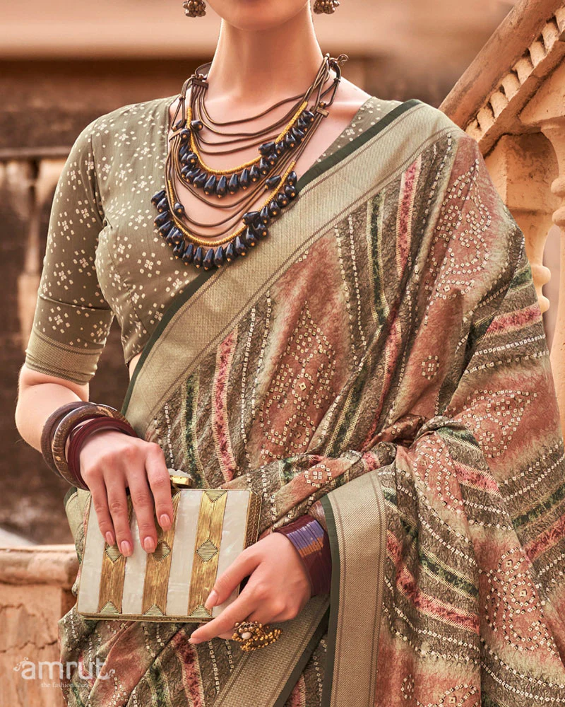 Olive Green Zari weaving Silk Saree with Unstitched Blouse - Image 3