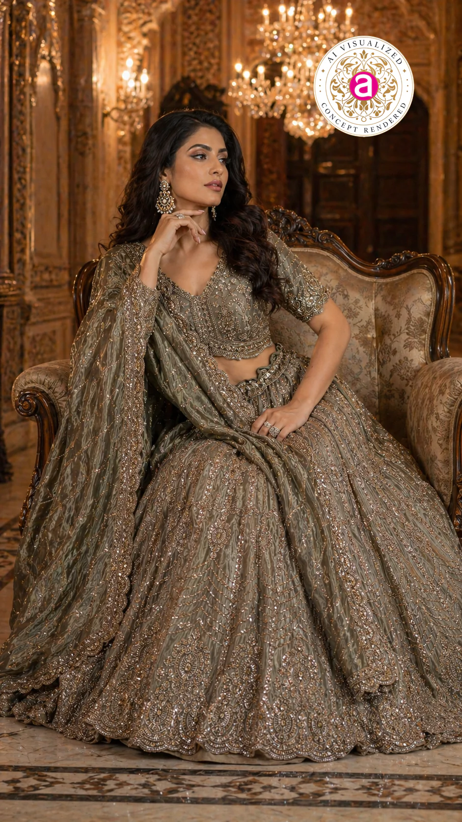 Olive Grey Designer Lehenga Set with Heavy Embroidered Blouse and Dupatta - Image 2
