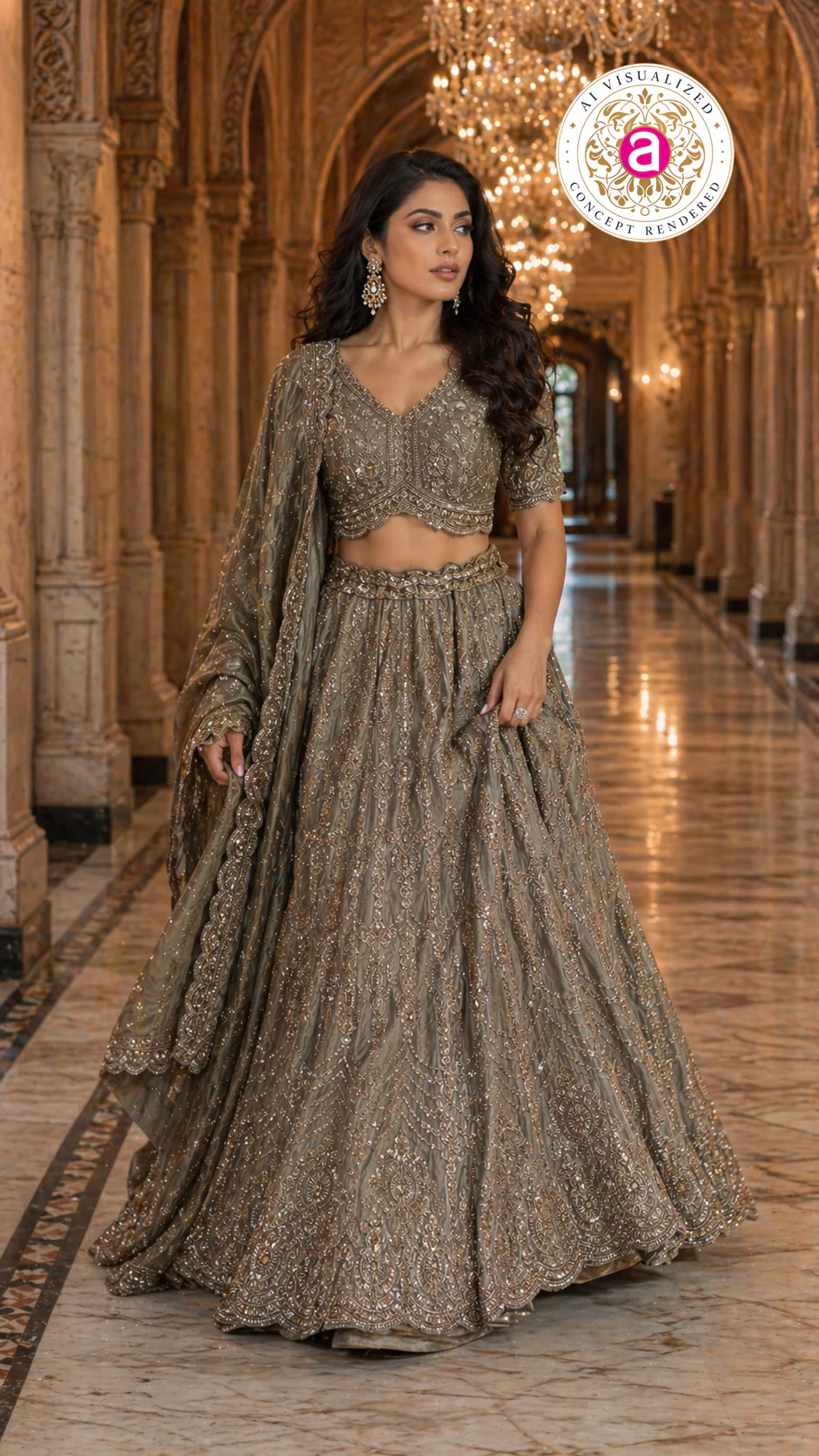 Olive Grey Designer Lehenga Set with Heavy Embroidered Blouse and Dupatta - Image 3