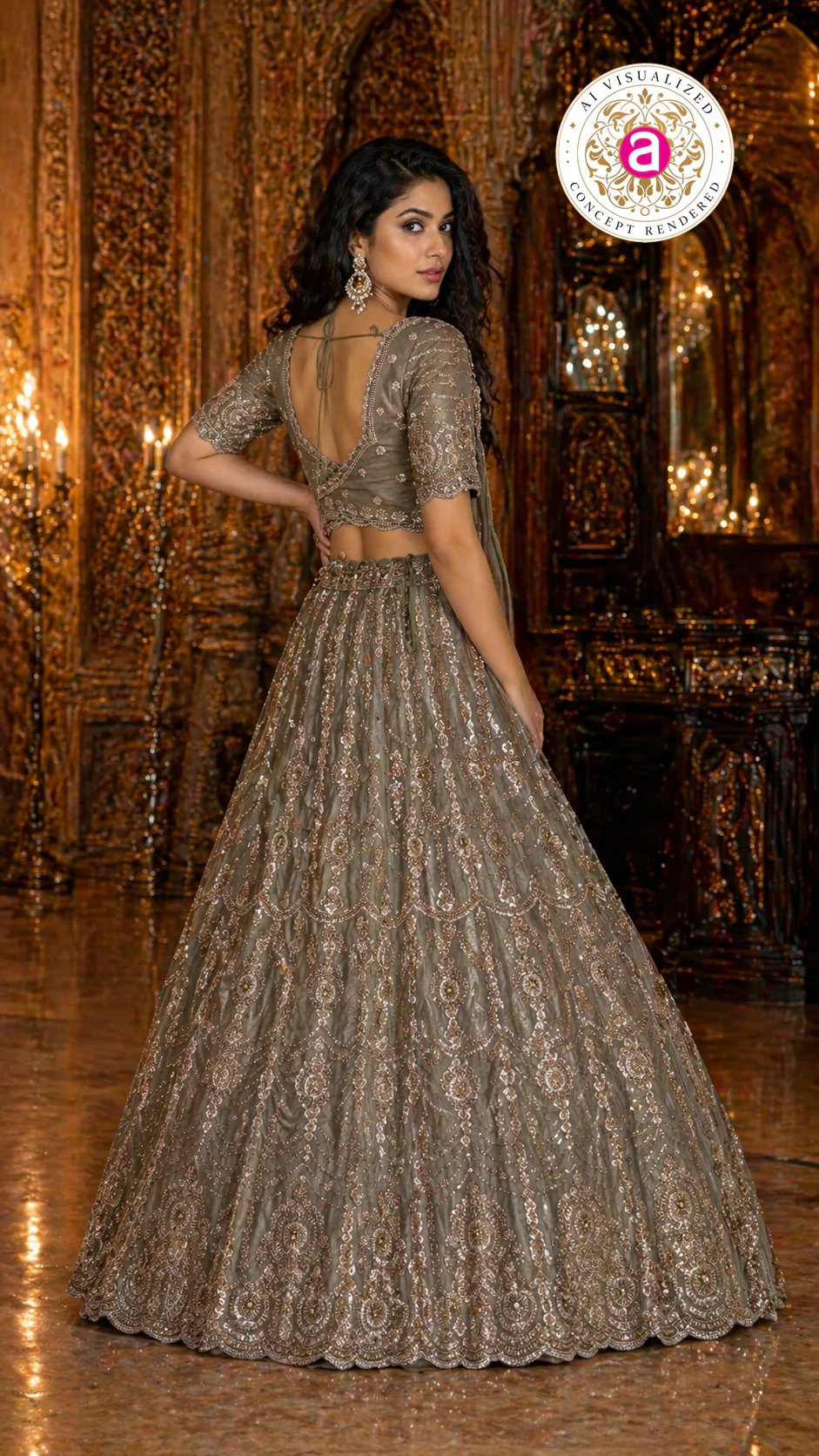 Olive Grey Designer Lehenga Set with Heavy Embroidered Blouse and Dupatta - Image 5