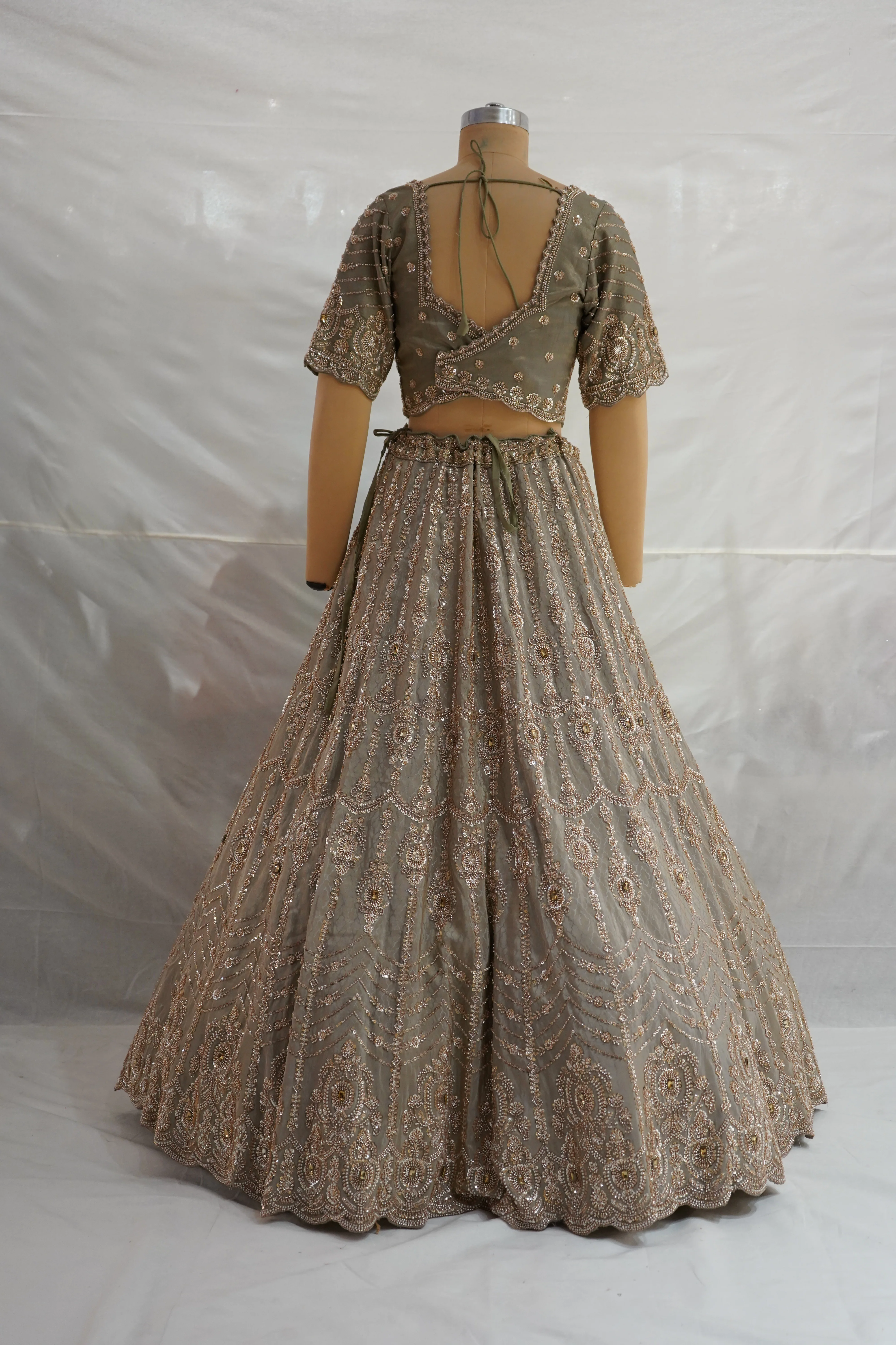 Olive Grey Designer Lehenga Set with Heavy Embroidered Blouse and Dupatta - Image 6