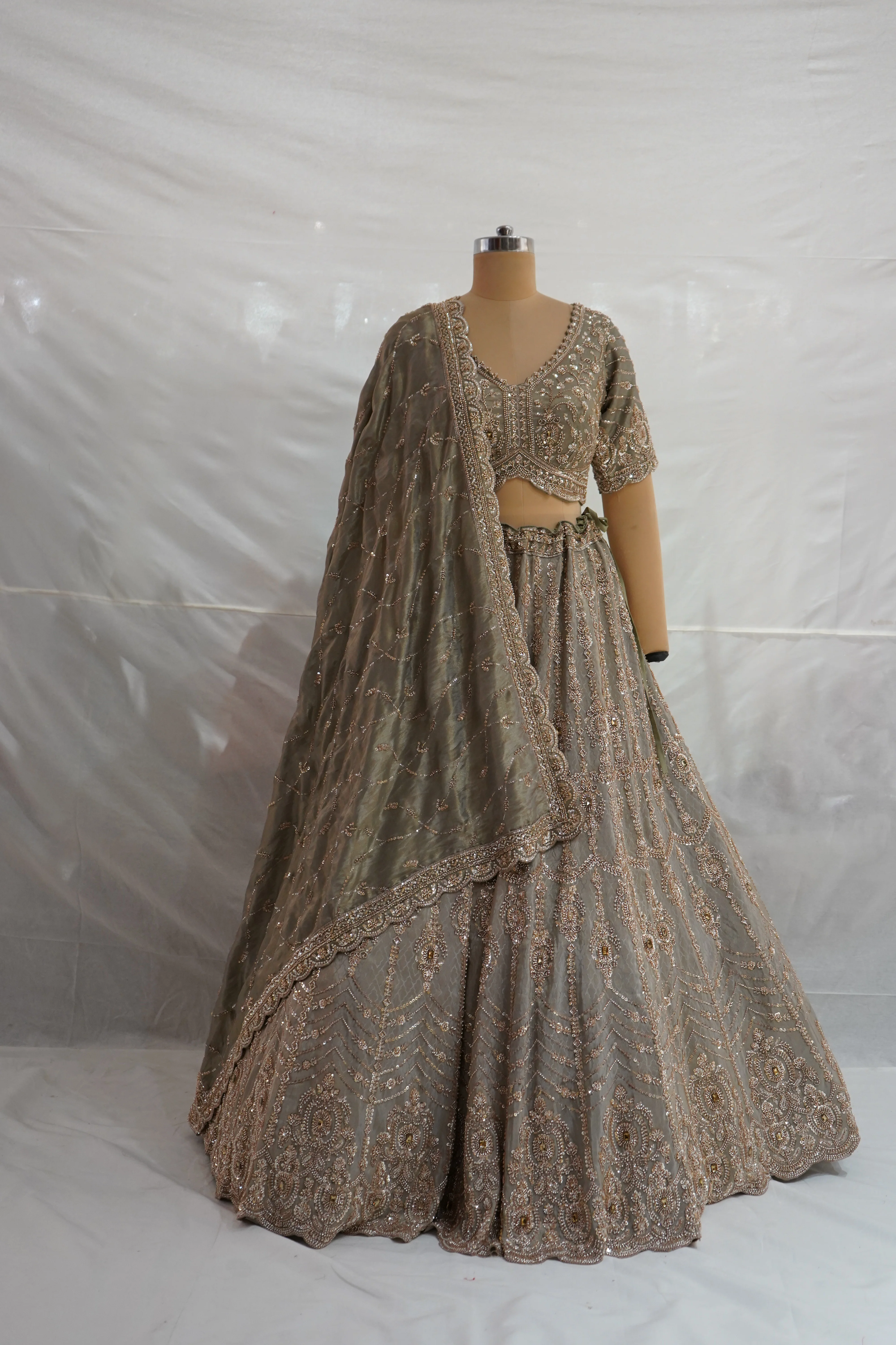 Olive Grey Designer Lehenga Set with Heavy Embroidered Blouse and Dupatta - Image 7
