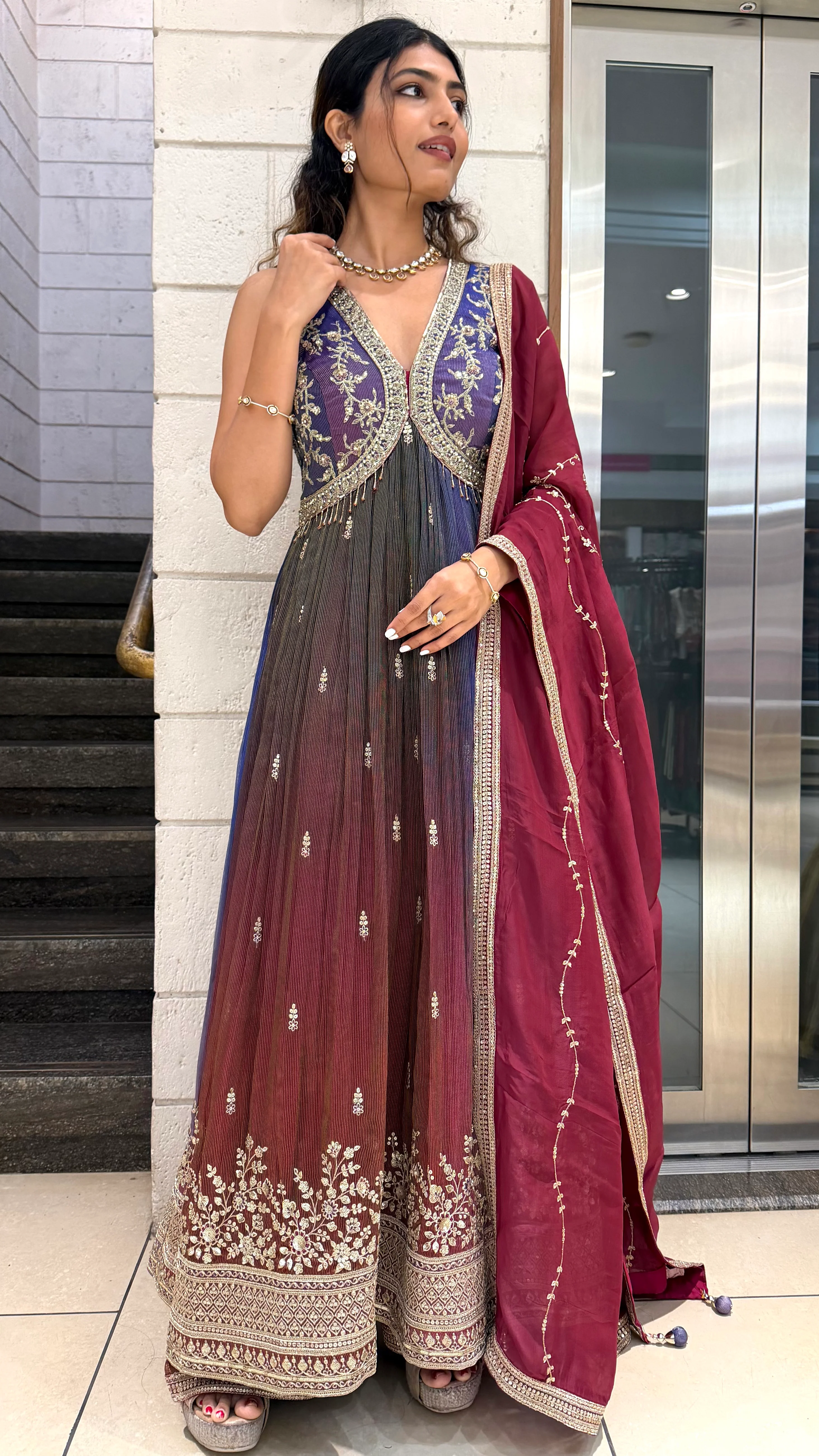 Ombre Wine Purple Long Dress with Palazzo & Dupatta - Image 3