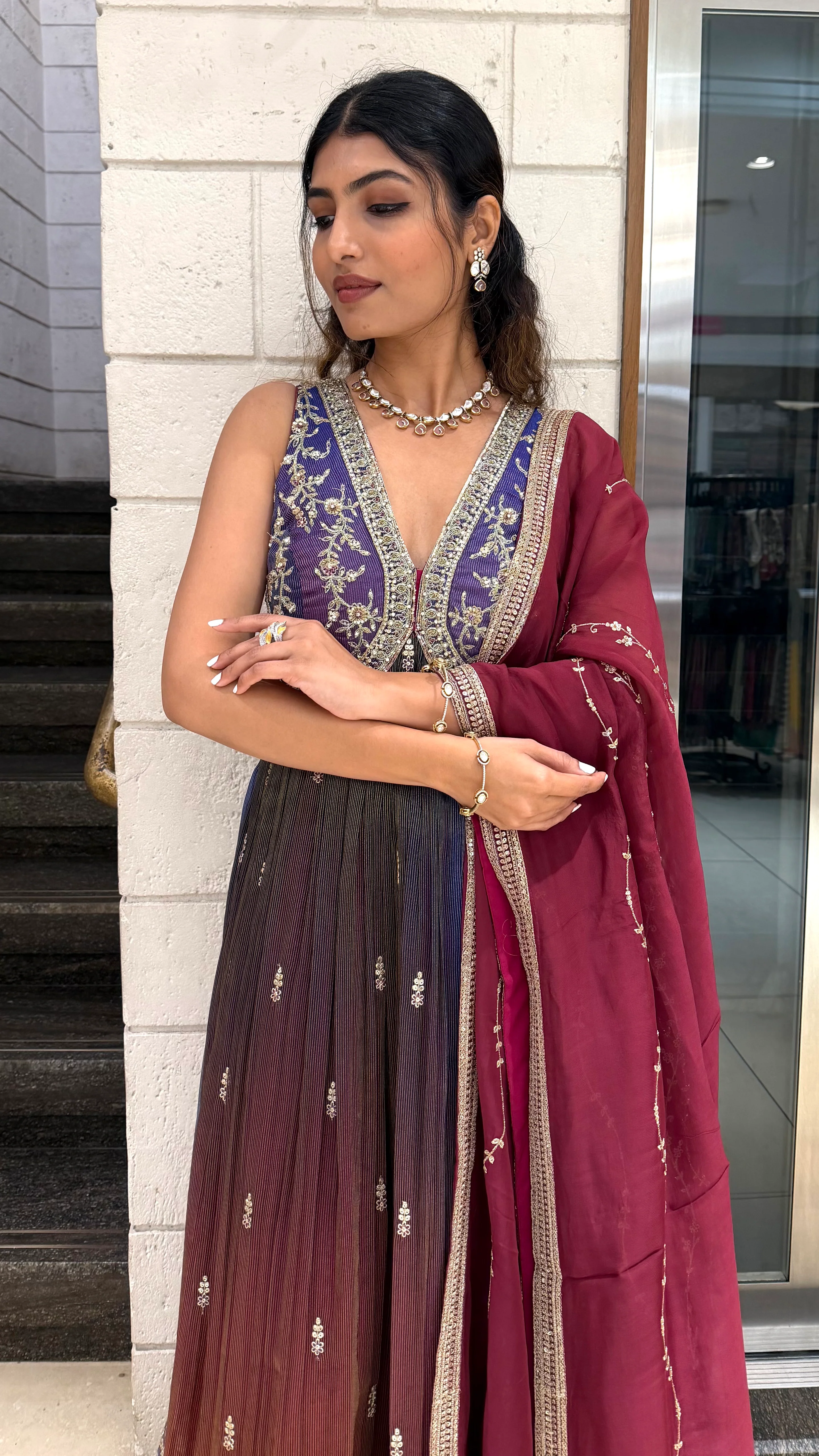 Ombre Wine Purple Long Dress with Palazzo & Dupatta - Image 4