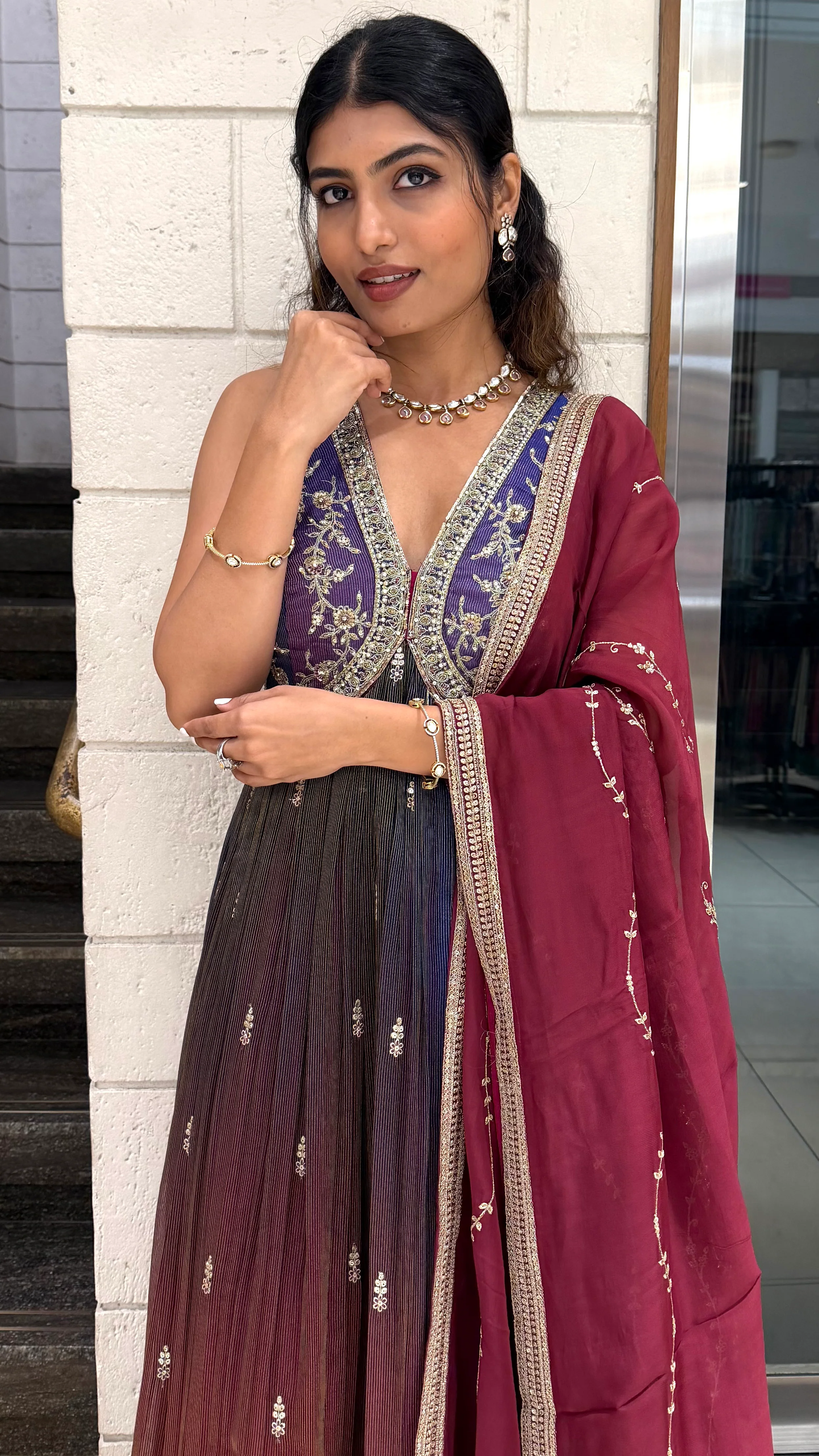 Ombre Wine Purple Long Dress with Palazzo & Dupatta - Image 5