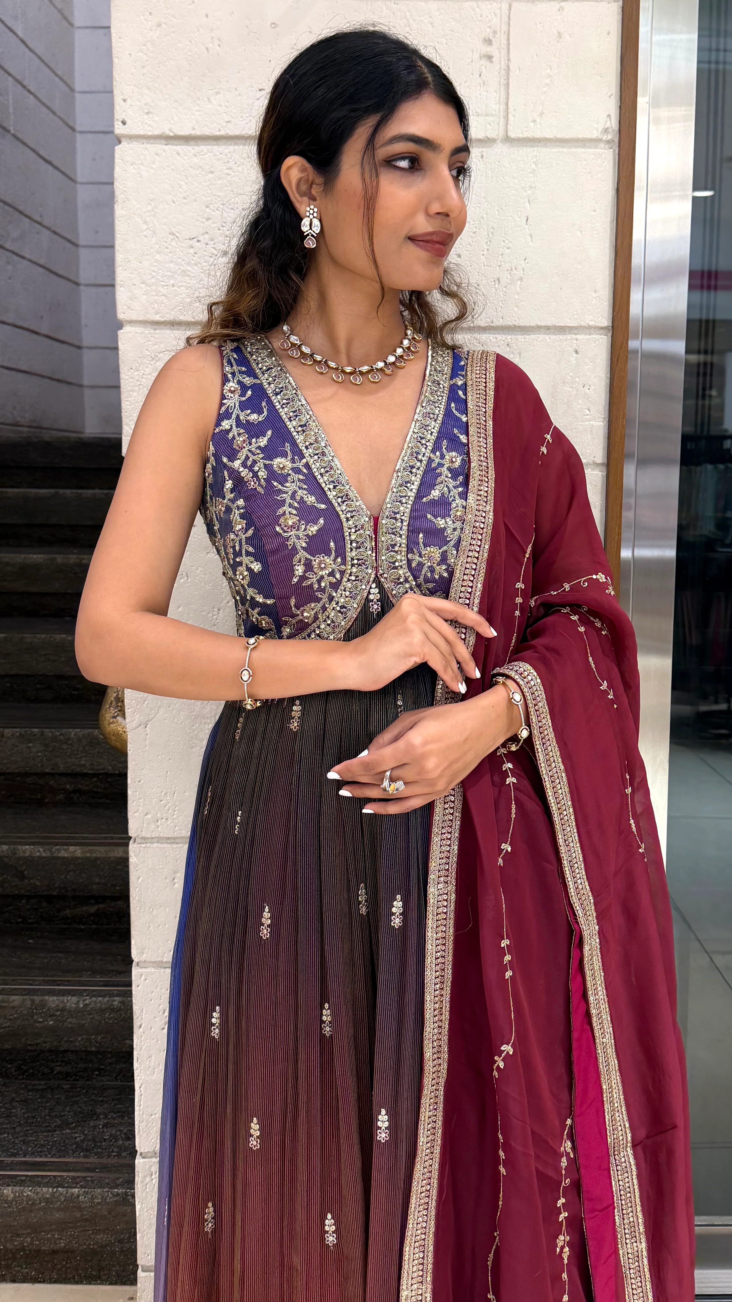 Ombre Wine Purple Long Dress with Palazzo & Dupatta - Image 6