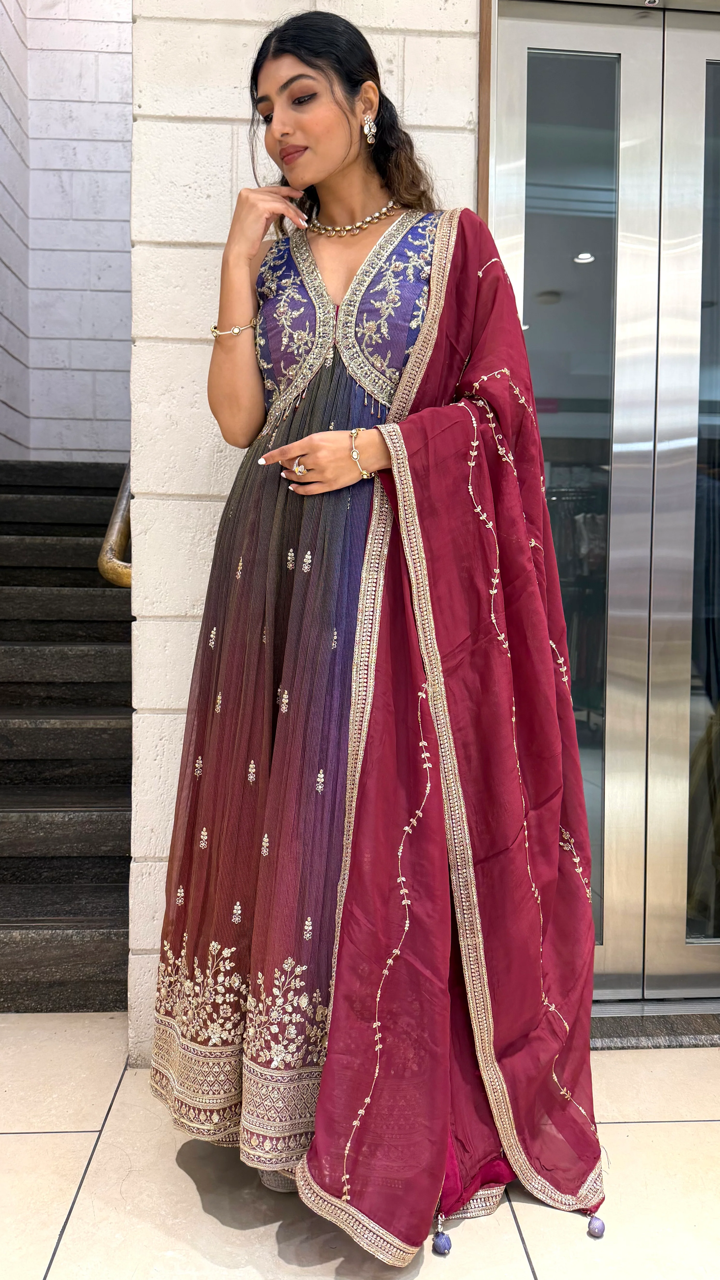 Ombre Wine Purple Long Dress with Palazzo & Dupatta - Image 7