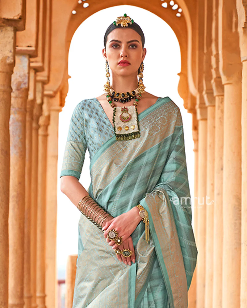 Opal Striped Pattern and Golden Border Silk Saree with Unstitched Blouse - Image 2