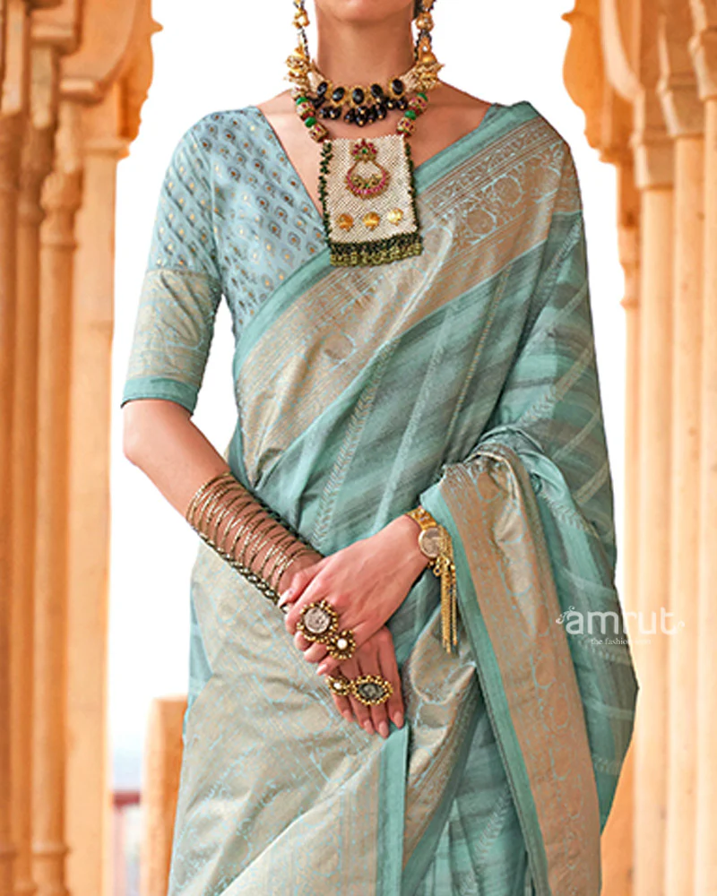Opal Striped Pattern and Golden Border Silk Saree with Unstitched Blouse - Image 3
