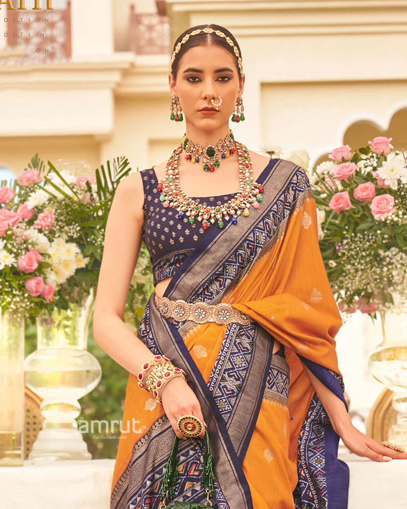 Royal Mustard & Navy Blue Patola Inspired Silk Blend Saree with Heritage Woven Border - Image 2