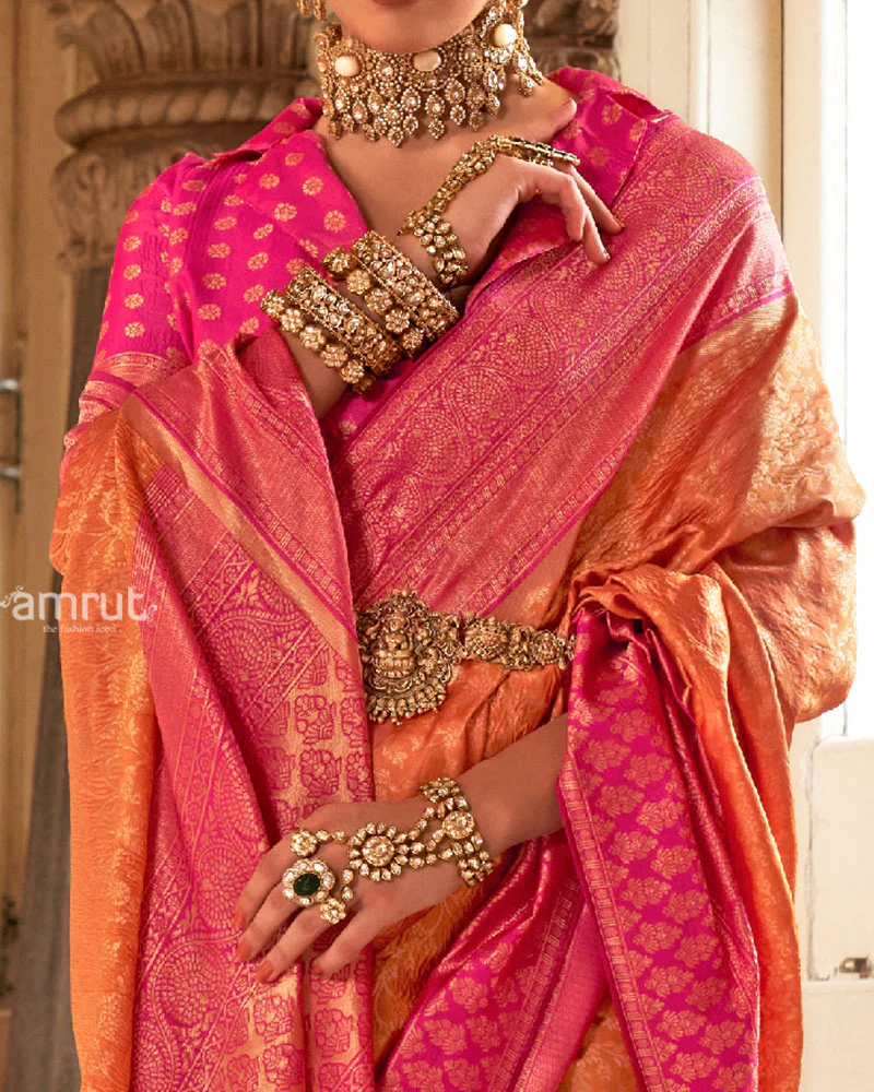 Orange and Pink Gold-Toned Ethnic Motifs Design Zari Silk Saree with Unstitched Blouse - Image 3