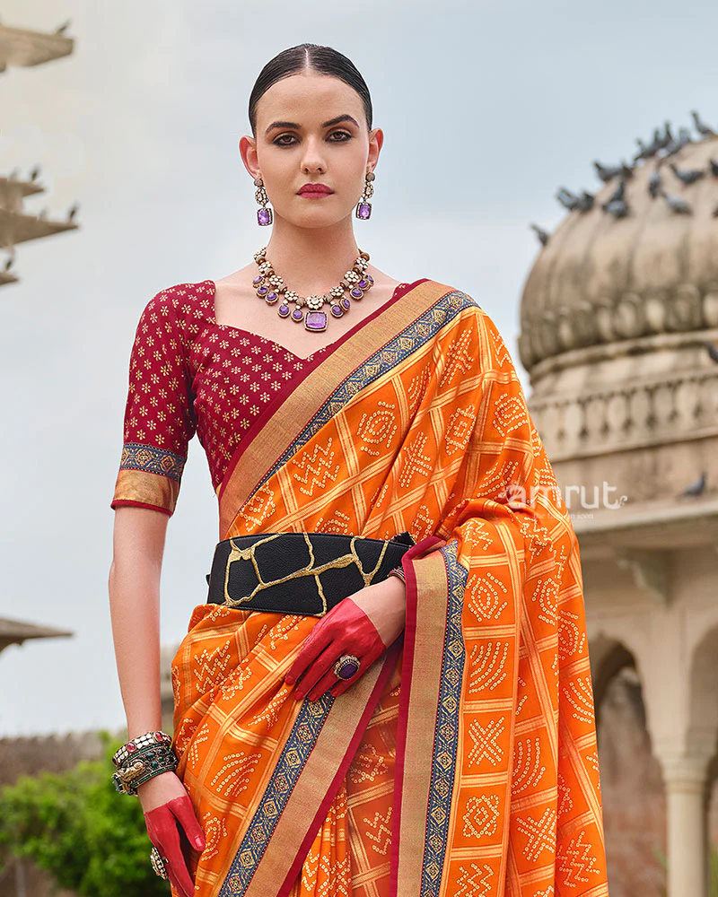 Orange Bandhani Printed Silk Saree with Unstitched Blouse - Image 2