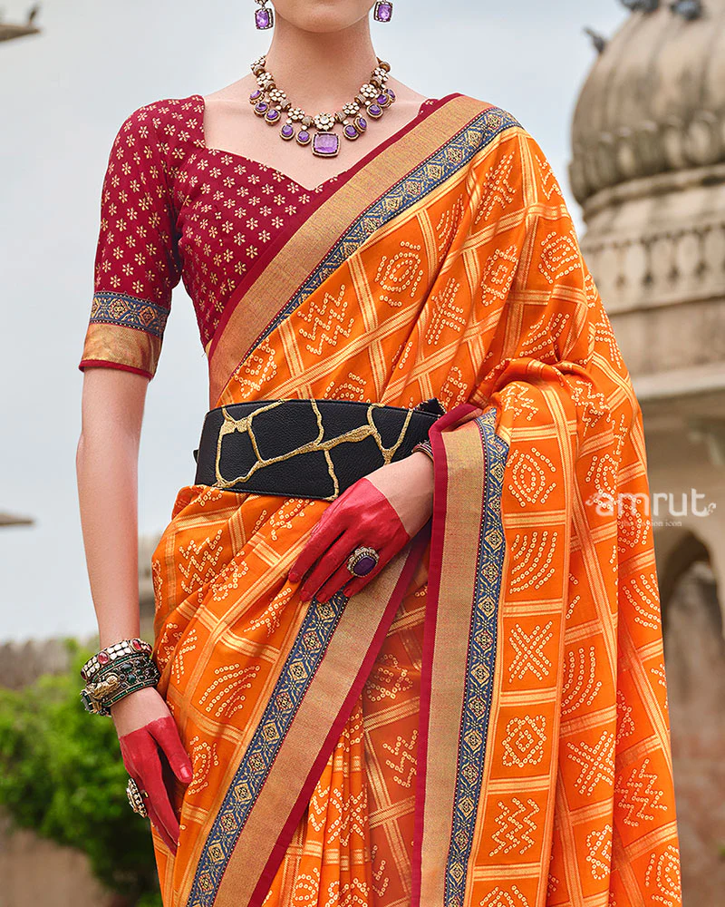 Orange Bandhani Printed Silk Saree with Unstitched Blouse - Image 3