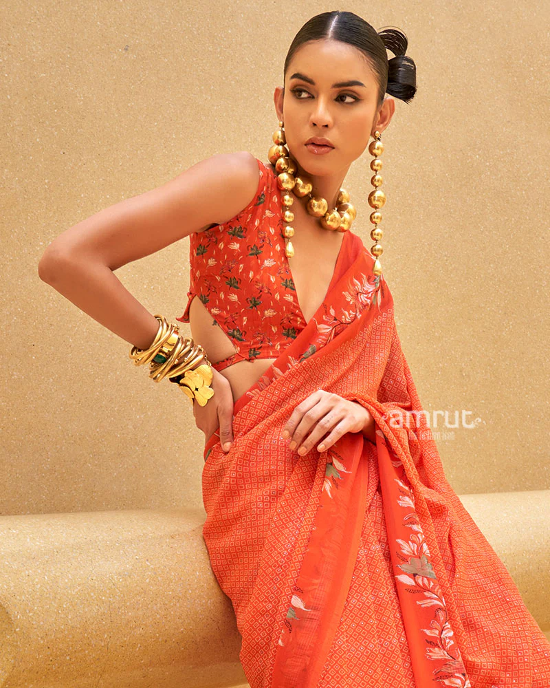 Orange Floral Print Saree with Intricate Weaving and Unstitched Blouse - Image 2